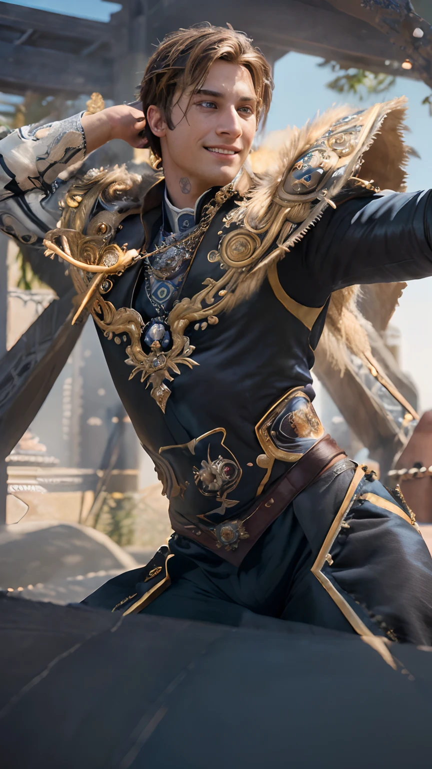 masculine male, masterpiece, ((perfect eyes)) best quality, (semirealism:1.9), beautiful lighting, (extremely detailed CG unity 4k fhd wallpaper), High Detail, Sharp focus, dramatic outdoors, 1 boy ,19 years old, blue eyes, smile, royal matador.