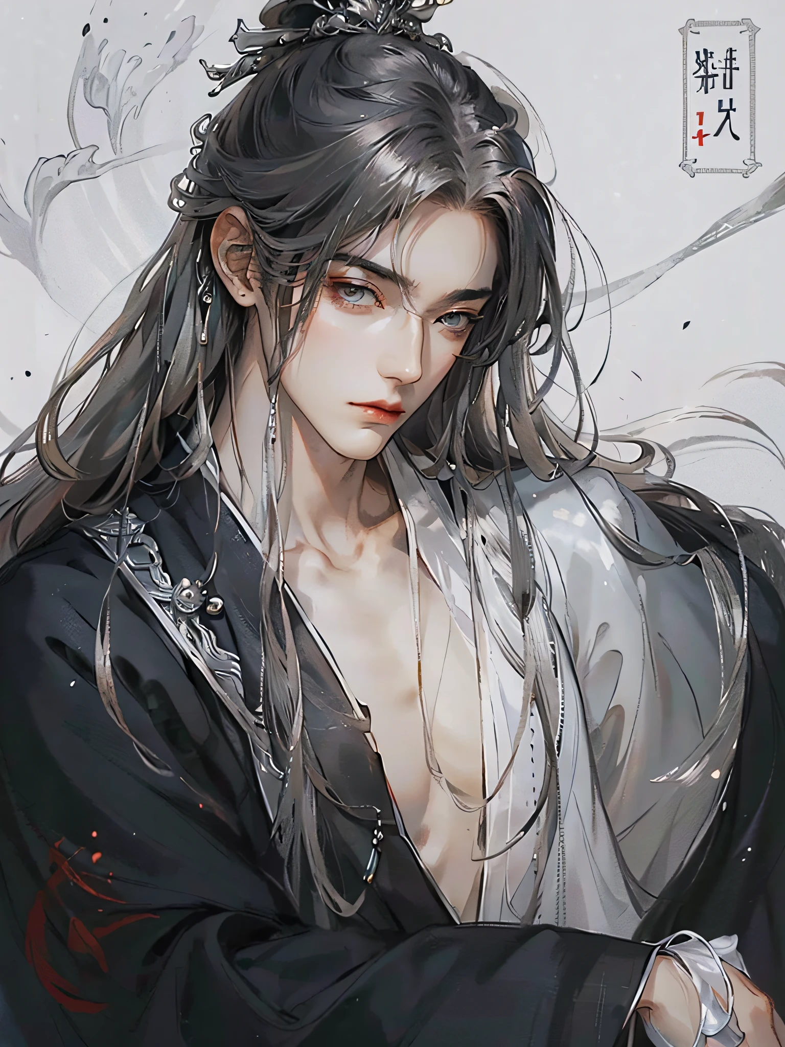 (extreamly delicate and beautiful:1.2), 8K, (tmasterpiece, best:1.0), , (LONG_silver_HAIR_MALE:1.5), Upper body body, a long_haired male, cool and seductive, evil_gaze, wears white hanfu, and intricate detailing, and intricate detailing, finely eye and detailed face, Perfect eyes, Equal eyes, Fantastic lights and shadows、white room background、 Uses backlight and rim light