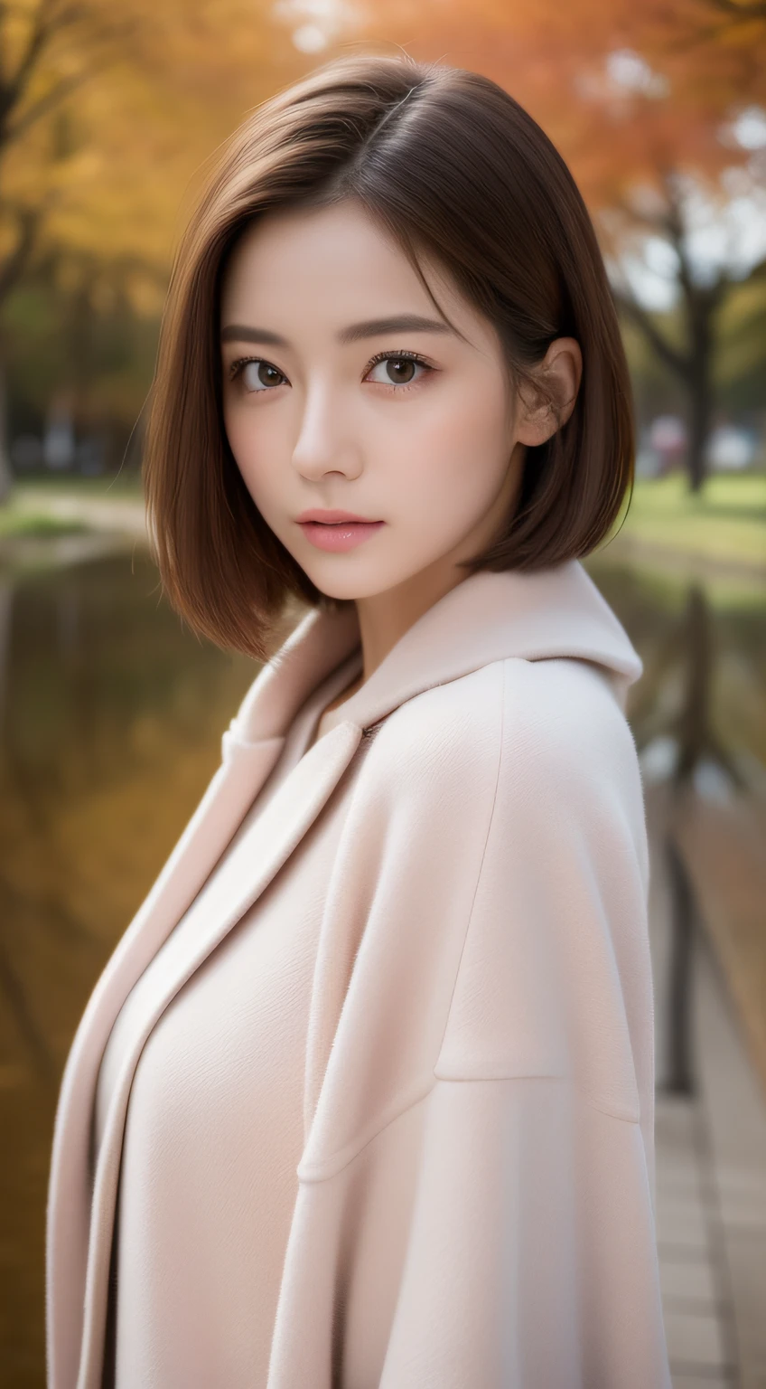(photographed:1.2)、(Photorealsitic:1.4)、(​masterpiece:1.3)、(top-quality:1.4)、超A high resolution、(A detailed eye)、(detailed facial features)、(detailed clothes features)、8K分辨率、solofocus、bangss、Double eyelids、Beautiful lips、toned legs、(Slender girl)、(a japanese girl)、(Japan Faces)、1 girl in、Slim Beauty:1.3、brown haired、Delicate hair、((The background is a mountain of autumn leaves々))、Lake with autumn leaves reflected、Girl by the lake、(((Pink long coat)))、(The inner is a white dress)、(Beautiful breasts:1.2)、Realistic body、de pele branca、Slim body、(short-hair:1.2)、(bangss: 1.2)、Bruises and ugly face、kawaii faces、Lifelike face、Delicate body、((sexy  pose))、stunning lighting
