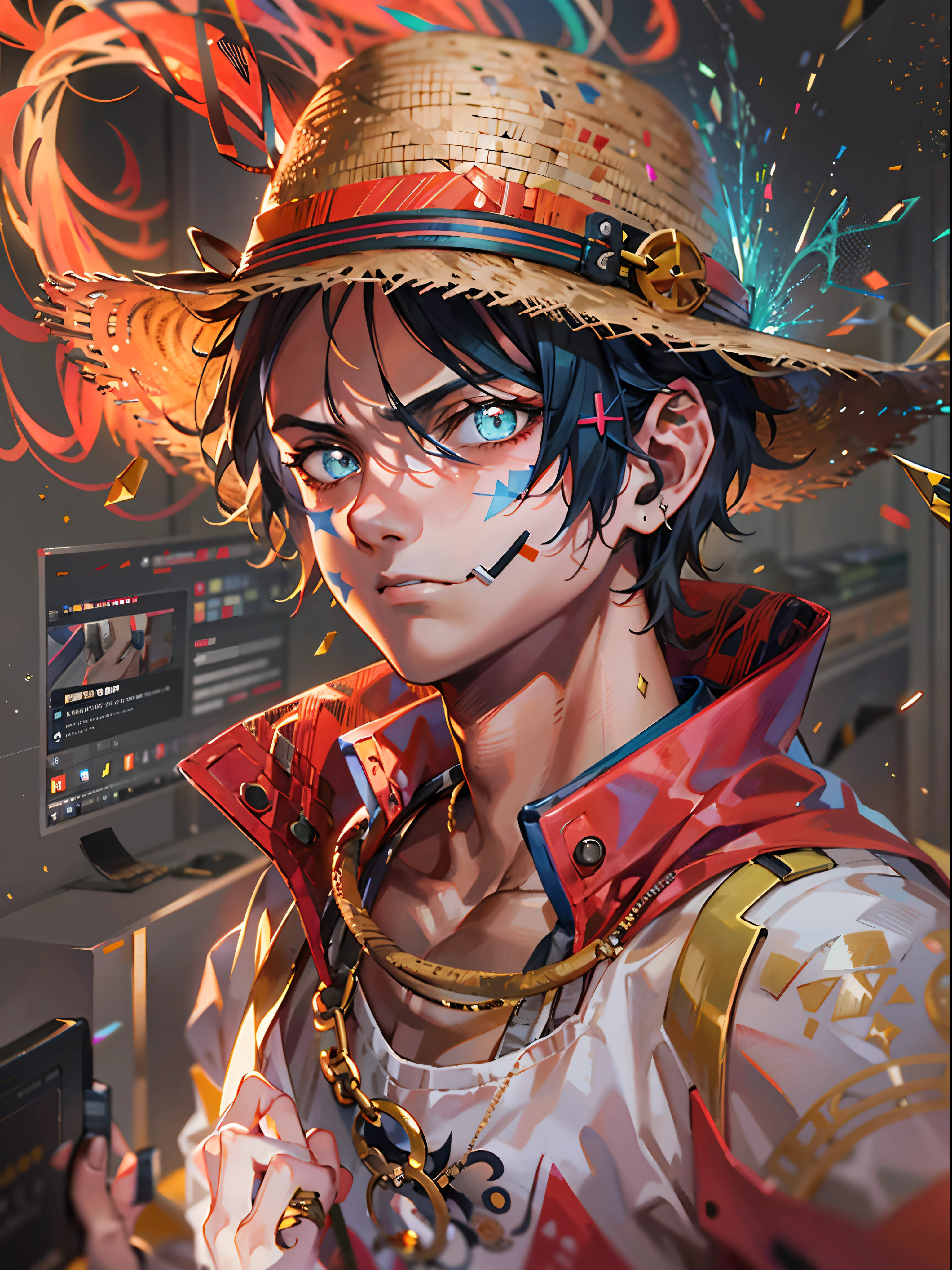 personagem monkey d luffy one piece, Straw hat, cicatriz no peito em formado de X, um homem de 21 anos, Mundo de Fantasia, em um navio，design limpo，epic instagram，art stations，respingos de tinta colorida，contornos，Detalhes intrincados hiperdetalhados，Motor irreal，（Fantasia futurista：1.3），（holographic projections：1.2），（estilo cyber punk：1.3），Detalhes complicados，imagem de abertura，cores complementares，arte conceitual de fantasia，8K分辨率，Uma obra-prima do deviantart，oil painted，heavy strokes，pingos de tinta，（Isolar em um fundo branco：1.3），Rainbow skins，(((um jovem bonito))), (cicatriz no olho esquerdo), ((The eyes have light))，((((cabelos curtos:1.1))))，(chest muscle) --v 6