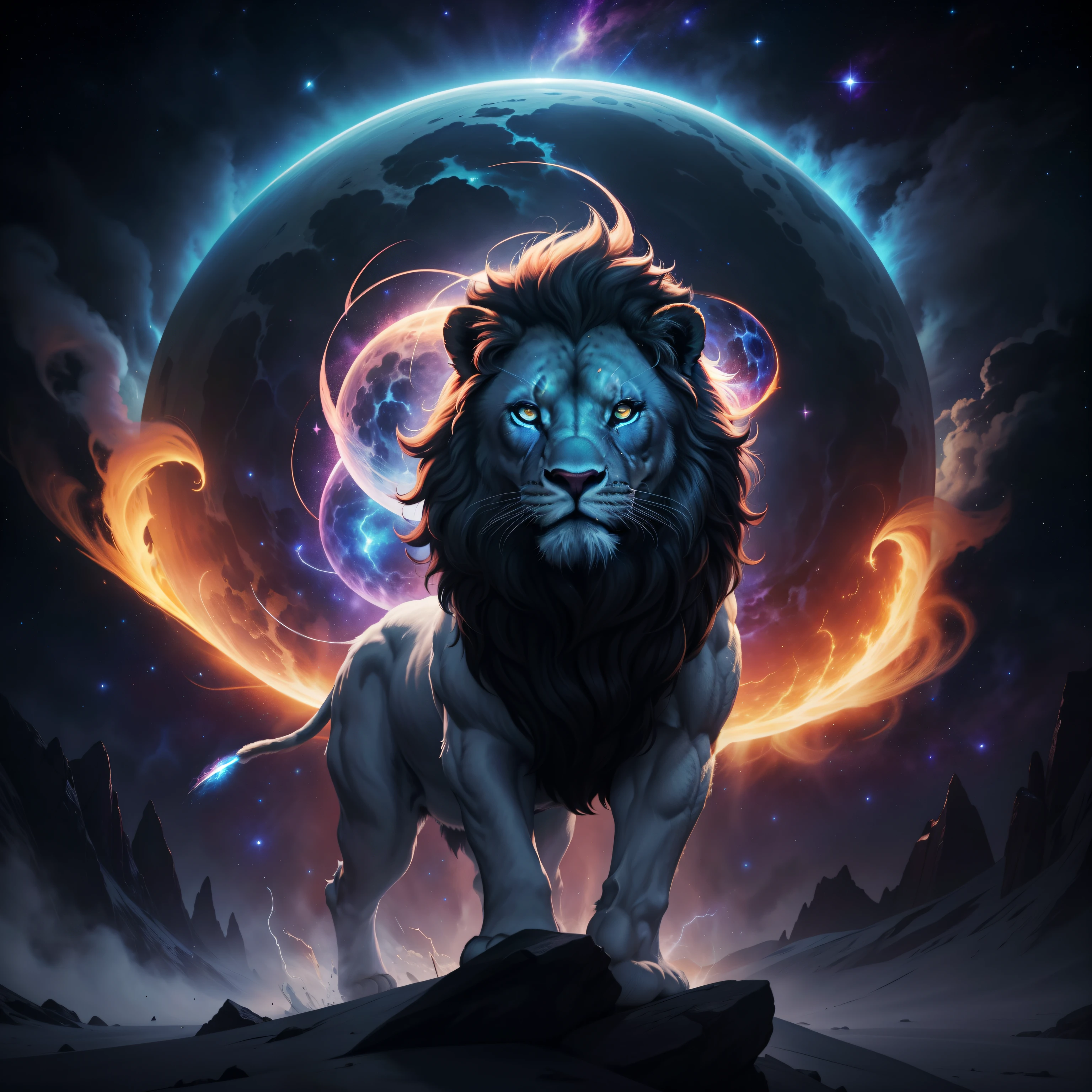 Leonus, Star Eater, cosmic, lion, white dust cloud, cosmic rays, piercing eyes, devouring planets, imposing, frightening, undulating coat of stars, sharp claws like comets, deafening stellar roar, pulsating cosmic energy, sinister glow in the eyes, insatiable hunger for planets, clouds of white dust in constant motion, colossal size, dominant and terrifying presence, menacing aura, vortices of cosmic energy around the body, flaming manes like stellar flames, bright constellations in the fur, dark and mysterious appearance, celestial fury, immeasurable force, cosmic destruction, defiance to the balance of the universe, symbol of stellar annihilation, universal fear, intergalactic predator, celestial shadows, devouring cosmic essence, astral voracity, evil radiance, elegant and deadly movements, silent and inexorable threat, celestial body in the shape of a lion, avenger of the cosmos, transcending the limits of existence, called the distant stars.
These updated parameters reflect the cosmic lion, Leonus, with its white dust cloud body, giving it an albino and mysterious appearance.