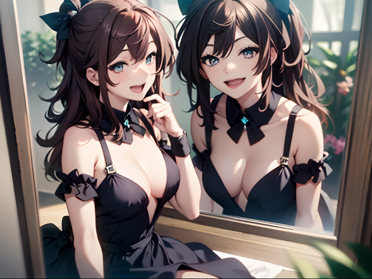 one-girl,Sit in front of the mirror,(Wearing a black dress),Enchanting beauty,Brown hair, Hair Bow, aqua eyes, (big laughter),cheerfulness, Laughing, excited, raised eyebrow, Depth of field, Cinematic lighting, vanishing point, first person perspective, Wide-angle, Super detail, High details, Best quality, Best quality, 8K