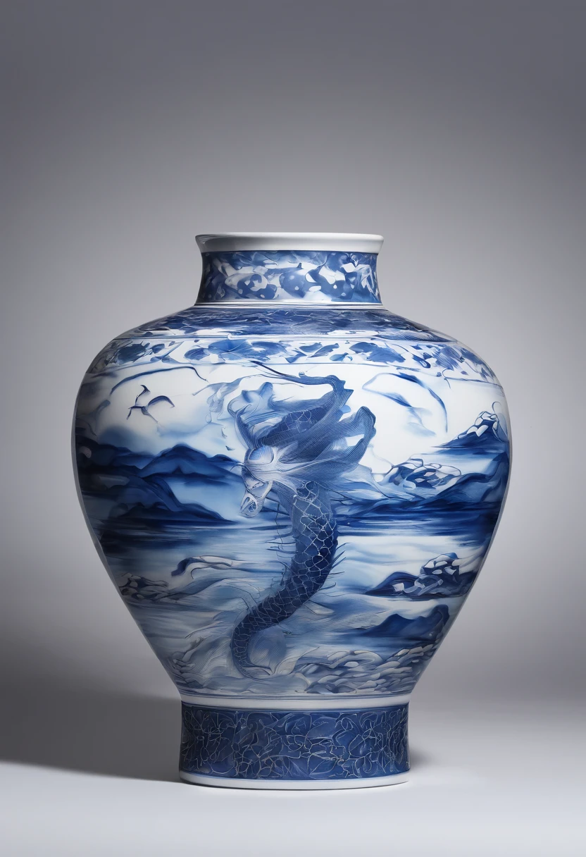 Blue and white porcelain,Qi Baishi's shrimp，artwork of a,High detail,3D,Chiaroscuro, Cinematic lighting, god light, Cinematic lighting, hyper HD, High details, Best quality, A high resolution, Textured skin
