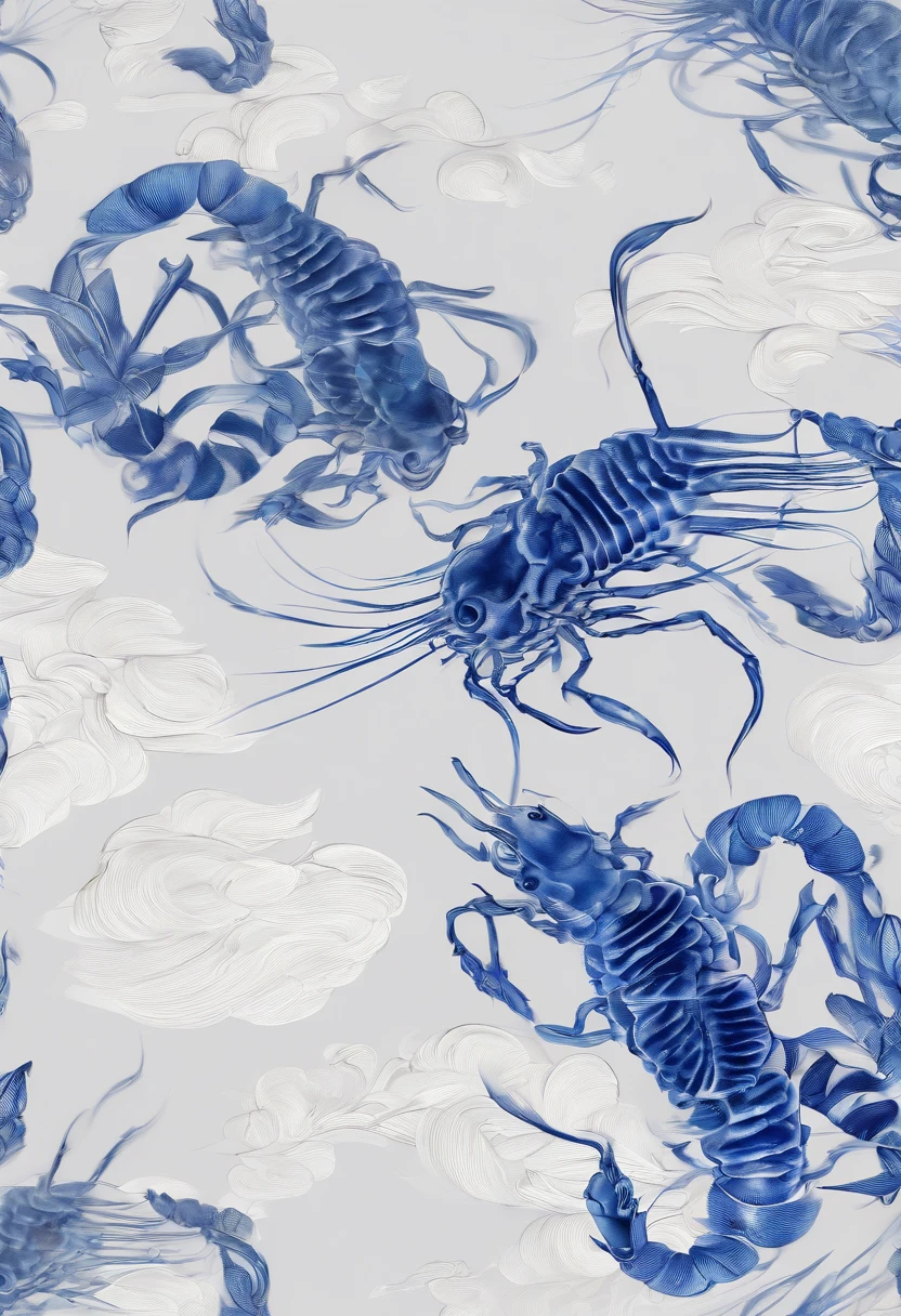 Blue and white porcelain,Qi Baishi's shrimp，artwork of a,High detail,3D,Chiaroscuro, Cinematic lighting, god light, Cinematic lighting, hyper HD, High details, Best quality, A high resolution, Textured skin