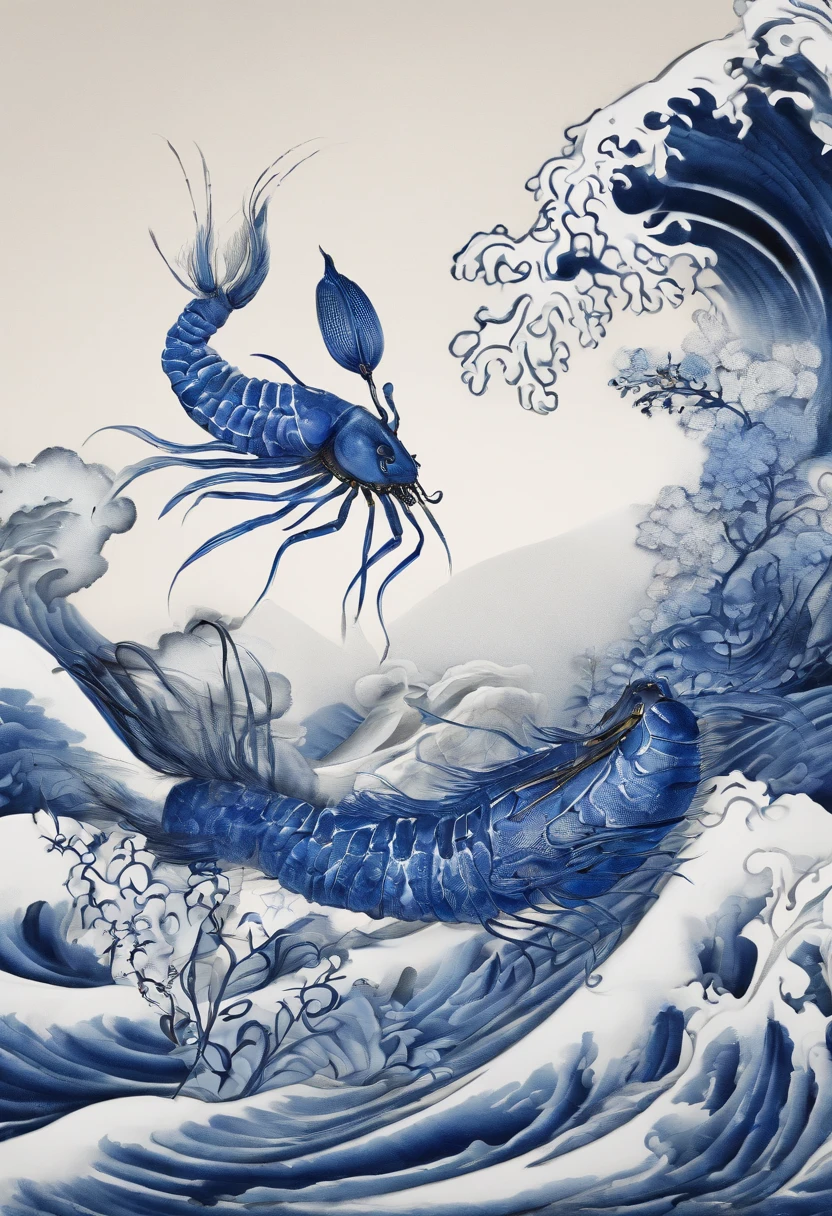 Blue and white porcelain,Qi Baishi's shrimp,artwork of a,High detail,3D,Chiaroscuro, Cinematic lighting, god light, Cinematic lighting, hyper HD, High details, Best quality, A high resolution, Textured skin