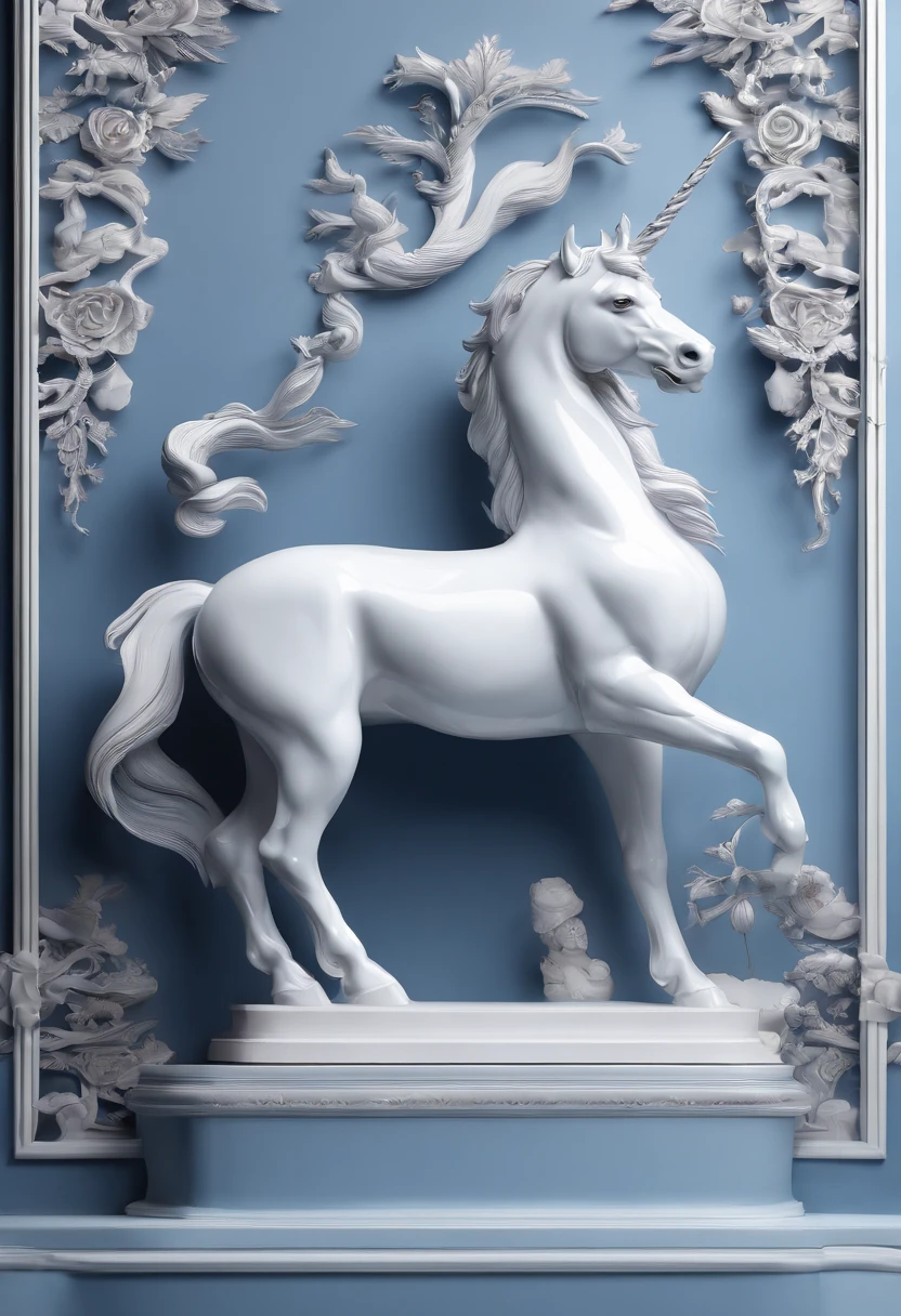 Blue and white porcelain,Ceramic material,Chinese unicorn,Ornaments,Three-dimensional sculpture,artwork of a,High detail,3D,Chiaroscuro, Cinematic lighting, god light, Cinematic lighting, hyper HD, High details, Best quality, A high resolution, Textured skin