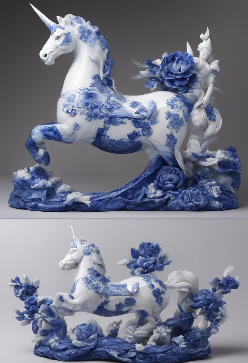 Blue and white porcelain,Ceramic material,Chinese unicorn,Ornaments,Three-dimensional sculpture,artwork of a,High detail,3D,Chiaroscuro, Cinematic lighting, god light, Cinematic lighting, hyper HD, High details, Best quality, A high resolution, Textured skin
