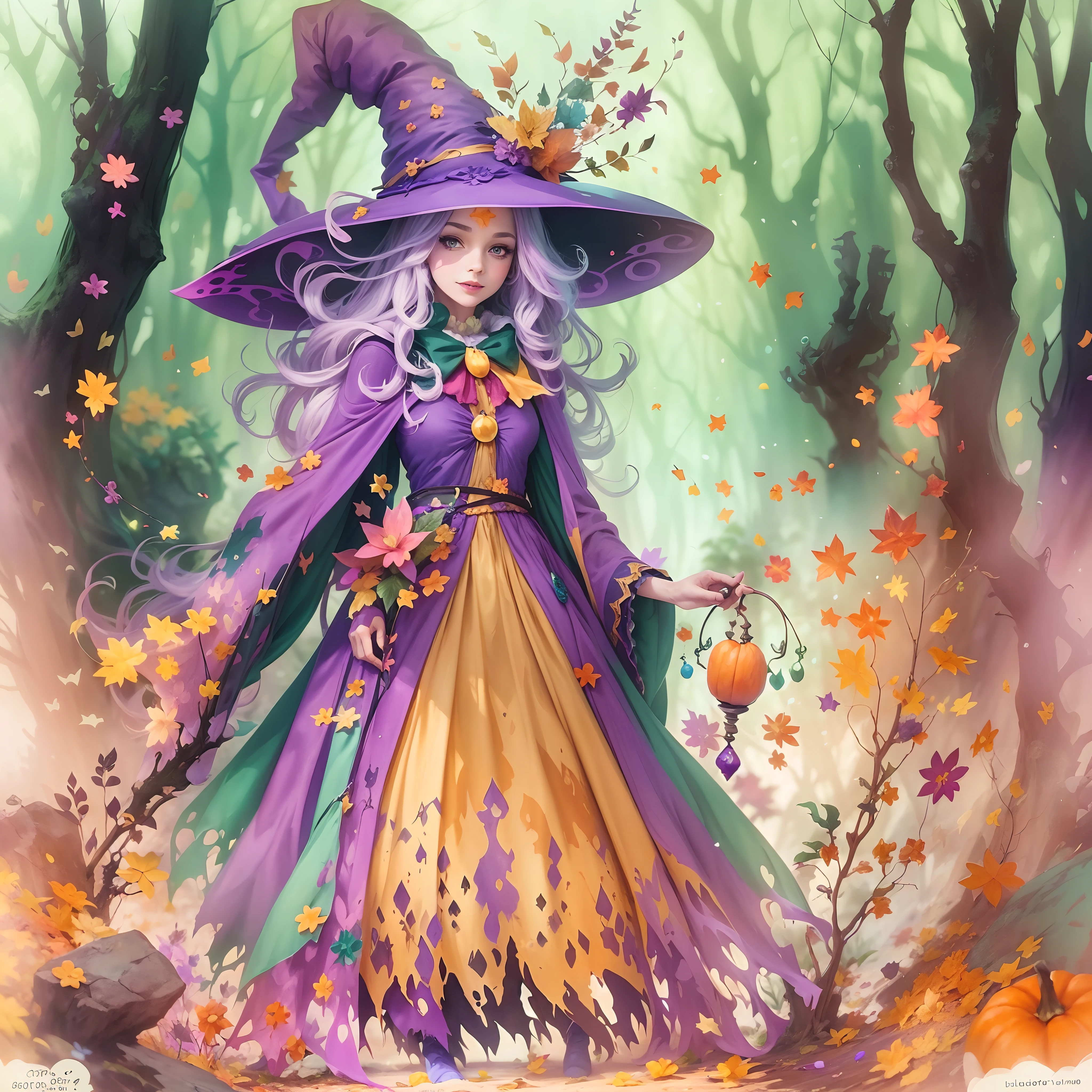 A whimsical Halloween witch, dressed in vibrant and playful attire, standing in a magical forest filled with colorful splashes of enchantment. Cartoon style with a watercolor effect, 2D, and a white background. Perfect for a character design or fantasy-themed T-shirt design. Resolution: 8K. -imagine -