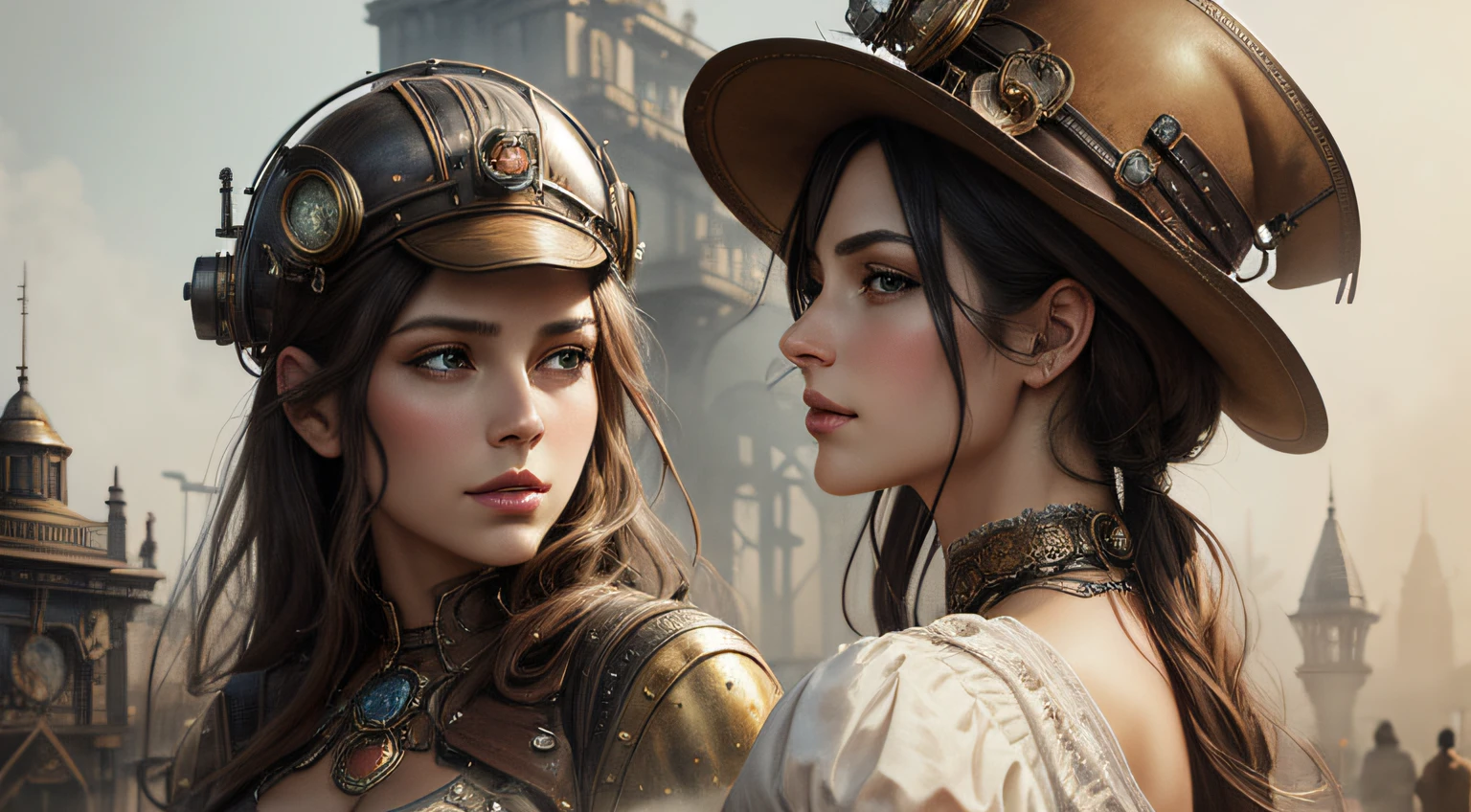 Steam punk atmosphere, elegance, beauty, bliss, womanhood, hyper-realistic, textured picture, masterpiece, highly detailed, digital painting, best quality, high resolution, detailed work, post processing, white background, perfect result, muted colors, watercolor style, art by Soranrtes