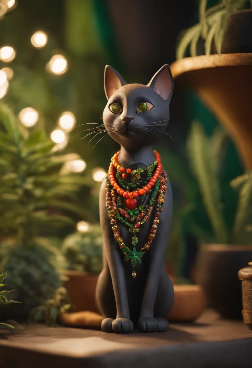 un personnage de chat dans le style du studio Aardman with a cannabis necklace