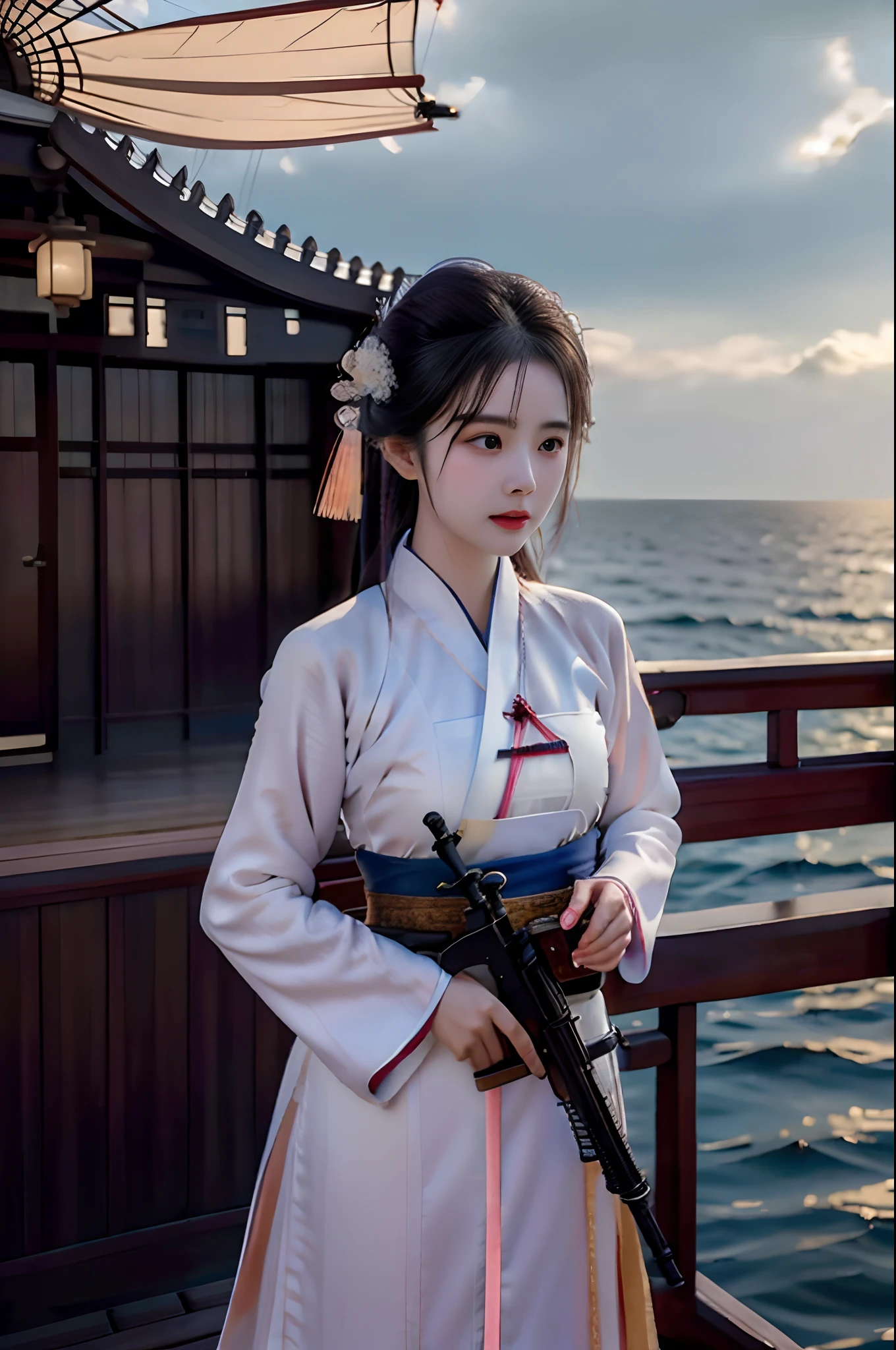 [((on ship deck,erjie,1girl,hanfu, alert,holding rifle,Aiming and shooting,from everywhere))],
masterpiece,highres, highest quality,intricate detail,best texture,realistic,8k,soft light,perfect shadow,
sea,sunny,cloudy,wind,wet, 
Age Of Wind,naval battle,conflict,bombard.firing,smoking,