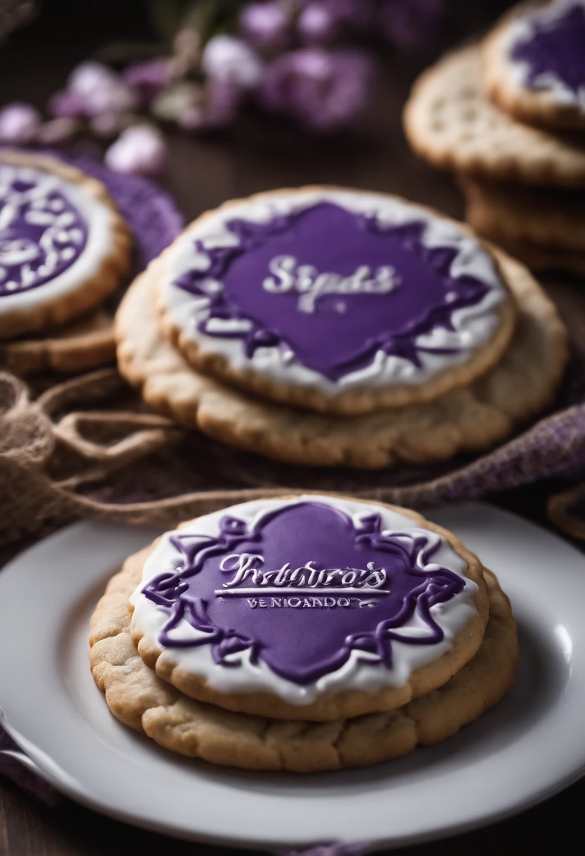 Logo "Cookies Encantados": Um cookie roxo central, nome em branco com contorno roxo acima, slogan abaixo e migalhas ao redor, transmitindo frescor e encanto caseiro.