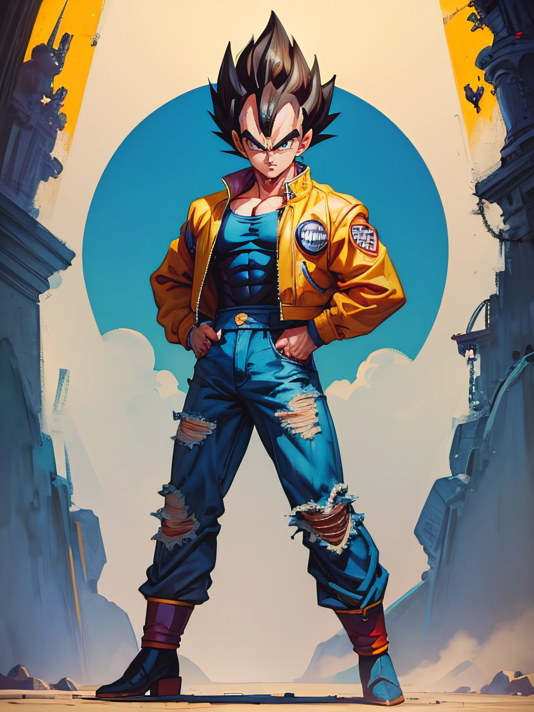 1man, solo, (masterpiece), best quality, ultra-detailed, Vegeta from Dragon Ball Z, Retro style, full body. fashion cloth, jean jacket, fancy.