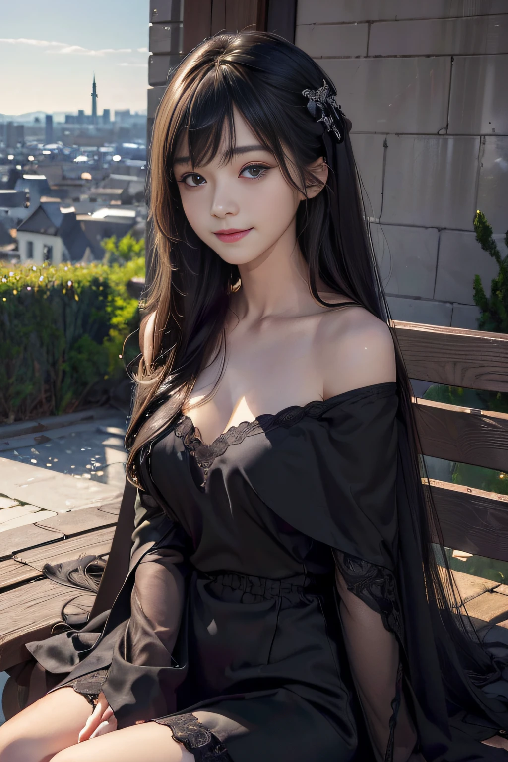(A hyper-realistic)、(illustratio)、(hight resolution)、(8K)、(ighly detailed)、(Best Illustration)、(beautifully detailed eyes)、(top-quality)、(ultra-detailliert)、(masterpiece)、(wall-paper)、(A detailed face)、独奏、1 girl in、looking at viewert、fine detailed、A detailed face、in the darkness nigth、deep-shadows、lowkey、pureerosfaceace_v1、(A smile)、long、Black shawl straight hair、46-point diagonal bangs, (Off Shoulder Silk Dress、a miniskirt)、(In front of the city walls、Woman sitting cross-legged on bench)、