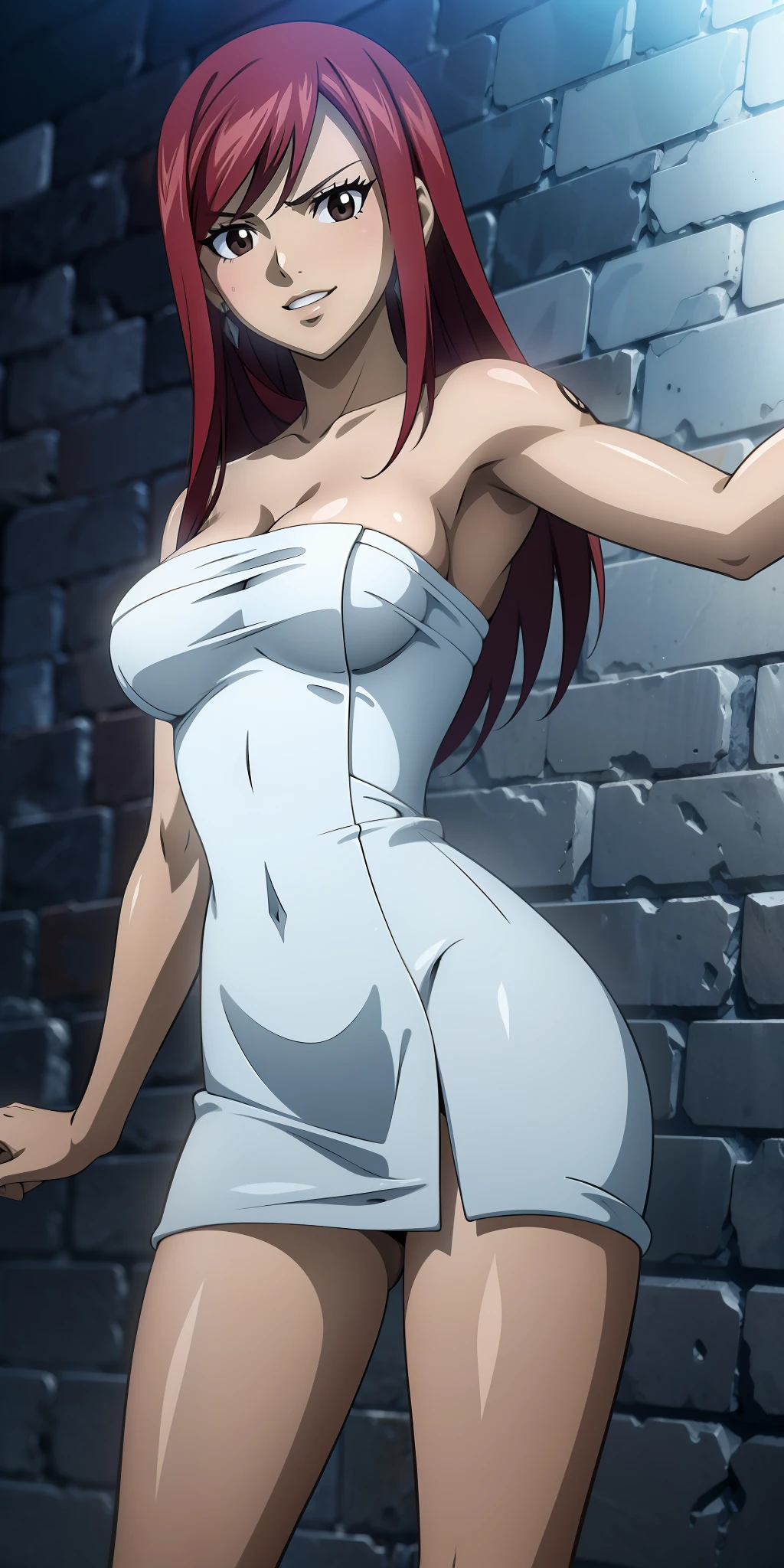 Hyper realistic super detailed sexy Erza Scarlet, Very detailed, expressions faciales sexy, seductive facial expressions, [:(Face detail: 1.4): 0.4], 16K resolution, 4k resolution, dinamic lighting, High definition resolution, (hyper realistic: 1.4),(contrasting background: 1.5), (Anatomy of the hyperrealistic arm), (Hyperrealistic anatomy of the legs), (peau propre), (lighting cinematic: 1.7), (intime), (Technologie NVIDIA RTX Ray Tracing), (Anatomy of the hyperrealistic arm: 2), (Ventre plat parfait), (image couleur), Erza Scarlet ,long hair, red hair, brown eyes, smile, naked towel, standing, dressing room, medium boobs, skindentation