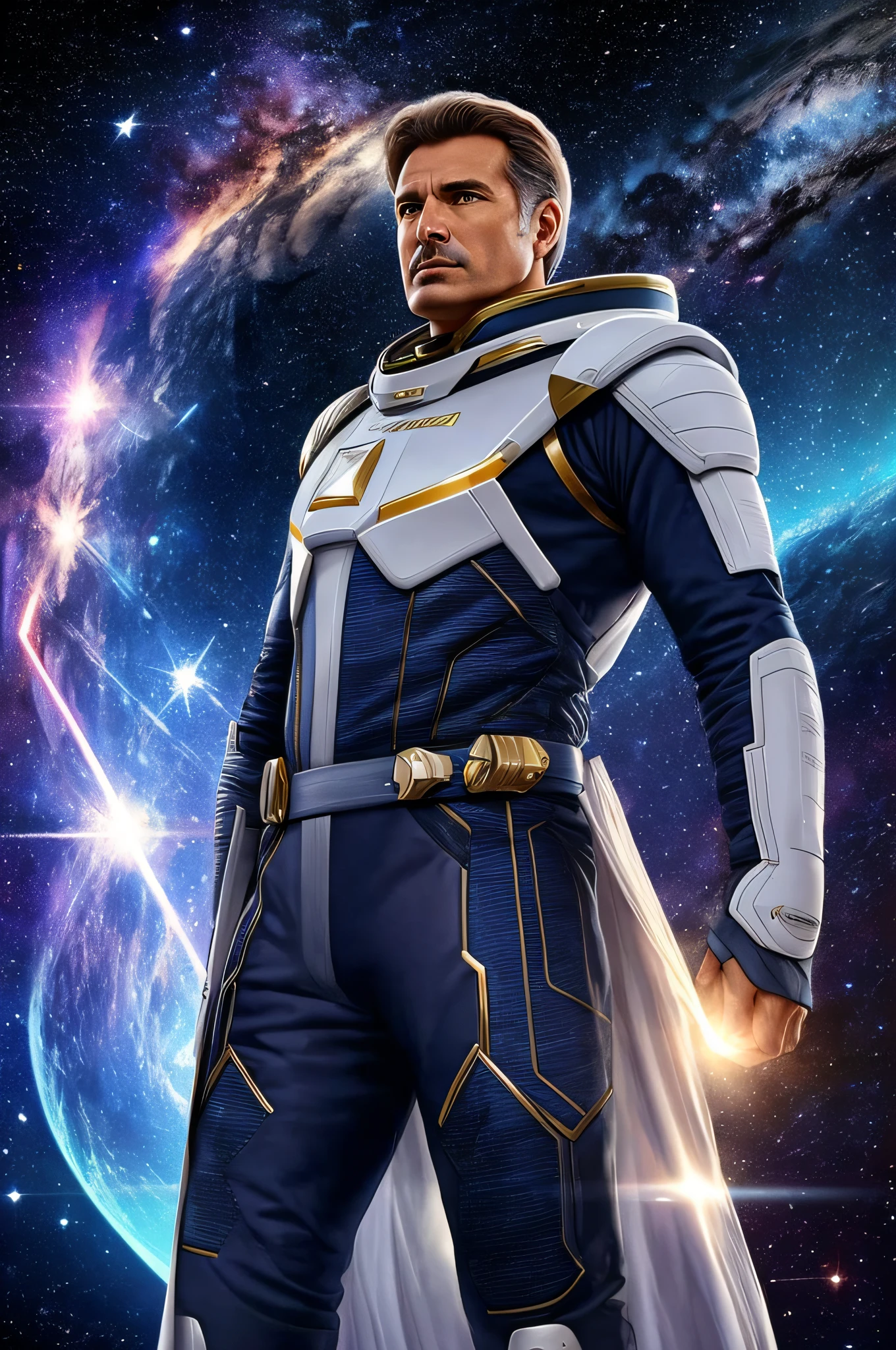 50-year-old male Interstellar Commander of the Galactic Federation Ashthar Sheran, guerreiro das estrelas, corpo inteiro emanando luz