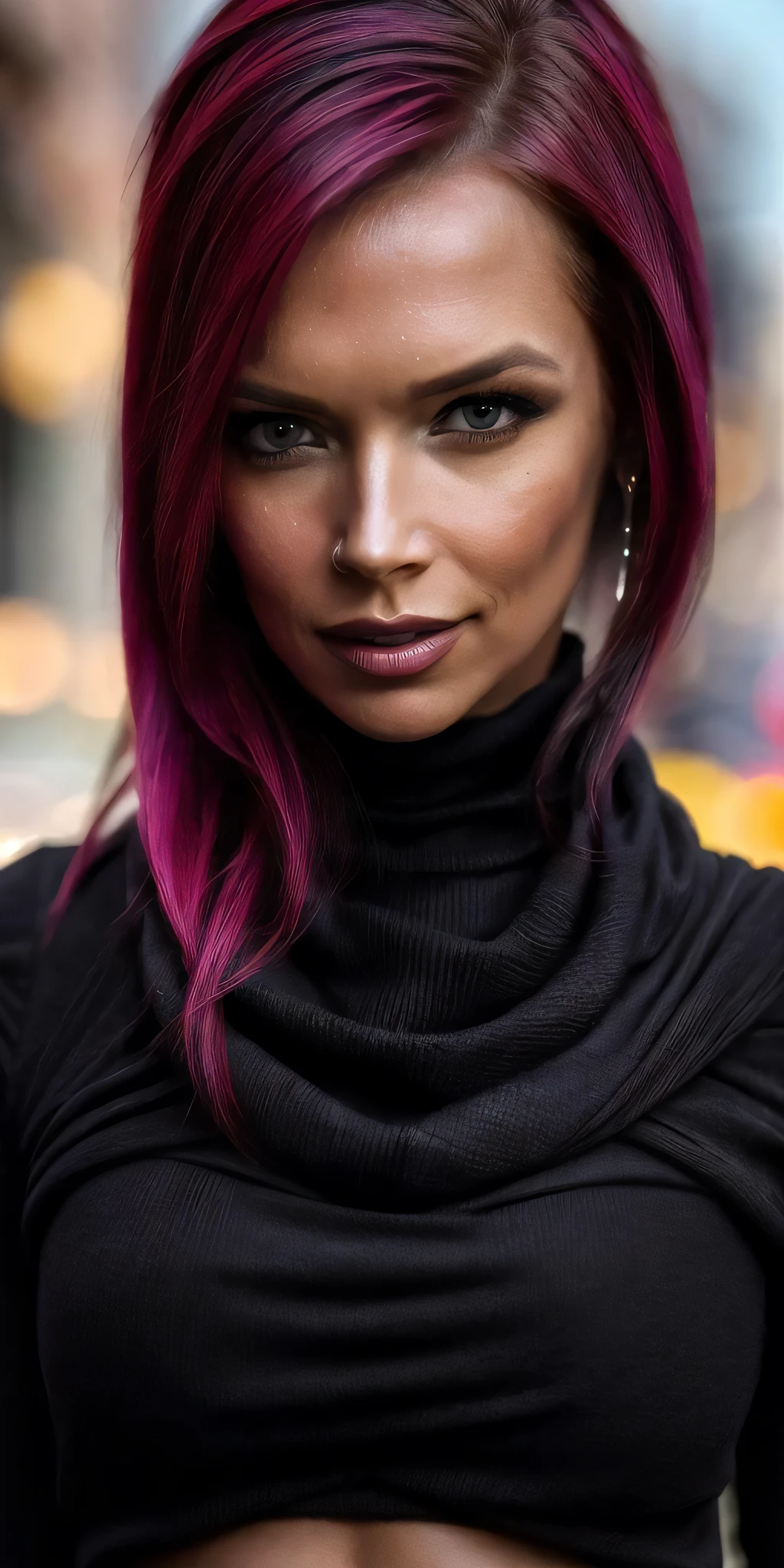 portrait of anna_bell_peaks, (1girl),
(closeup portrait),
((front view)), ((full-body)),
((best quality)), ((masterpiece)), ((hyper-realistic)), (ultra-detailed), photo, high quality,
looking at the viewer,
hands apart,
(covered breast:1.1),
wearing ((cowl turtleneck)), (black jeans), (black belt),
walking pose,
makeup, mascara,
(street),
(bokeh),(detailed), (intricate), (cinematic lighting), (sharp focus on eyes), (skin texture:1.2),
((highly detailed face, realistic skin texture)),
sharp focus,
fujifilm xt3, natural skin texture, by holly randall,
<lora:anna_bell_peaks:0.8>, <lora:add_detail:0.4>, <lora:more_details:0.5>,