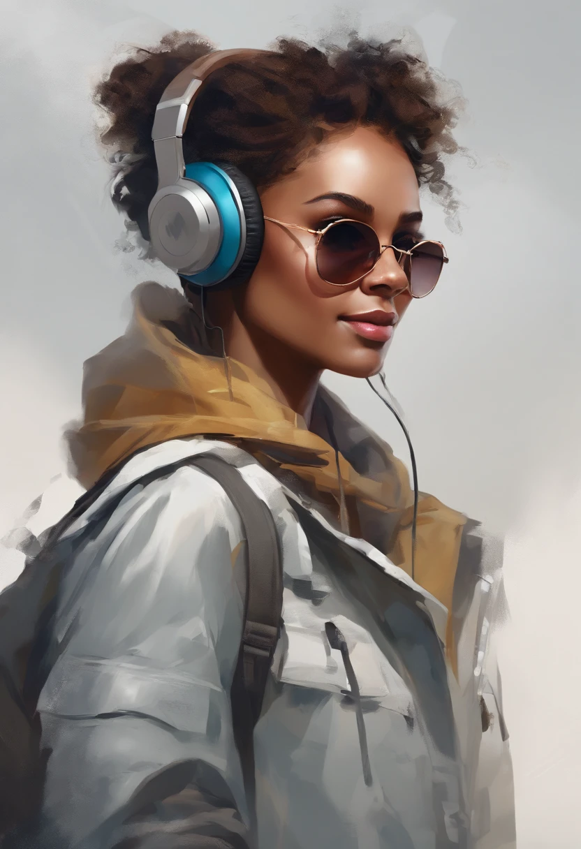 Perfect centering, A cute chameleon, happy smile, Wear a student jacket, Wearing sunglasses, Wearing headphones, Standing position, Abstract beauty, Centered, Looking at the camera, Facing the camera, nearing perfection, Dynamic, Moonlight, Highly detailed, Digital painting, art stations, concept-art, smooth, Sharp focus, 8K, high definition resolution, illustration, Art by Carne Griffiths and Wadim Kashin, White background
