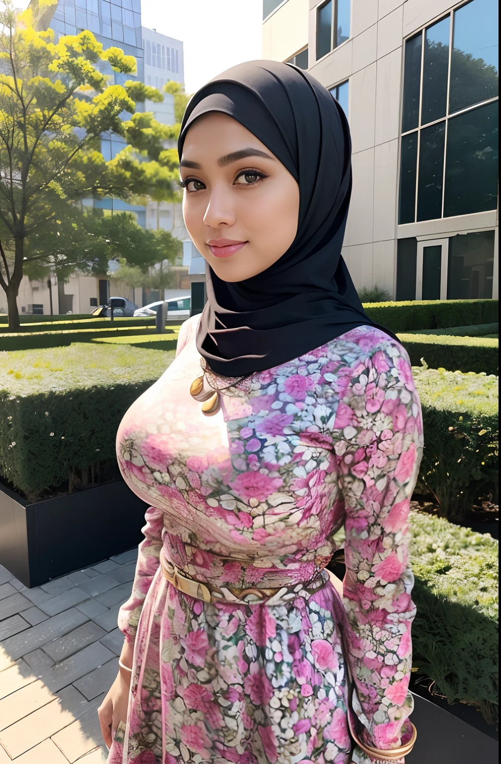 RAW, Best quality, high resolution, masterpiece: 1.3), beautiful Malay woman in hijab,wearing pencil dress, perfect slim fit body, (big breasts), big gorgeous eyes, Soft smile, Delicate turtleneck print sun dress, necklace, shairband, afternoon walk, City garden, Excellent lighting, Bright colors, Clean lines