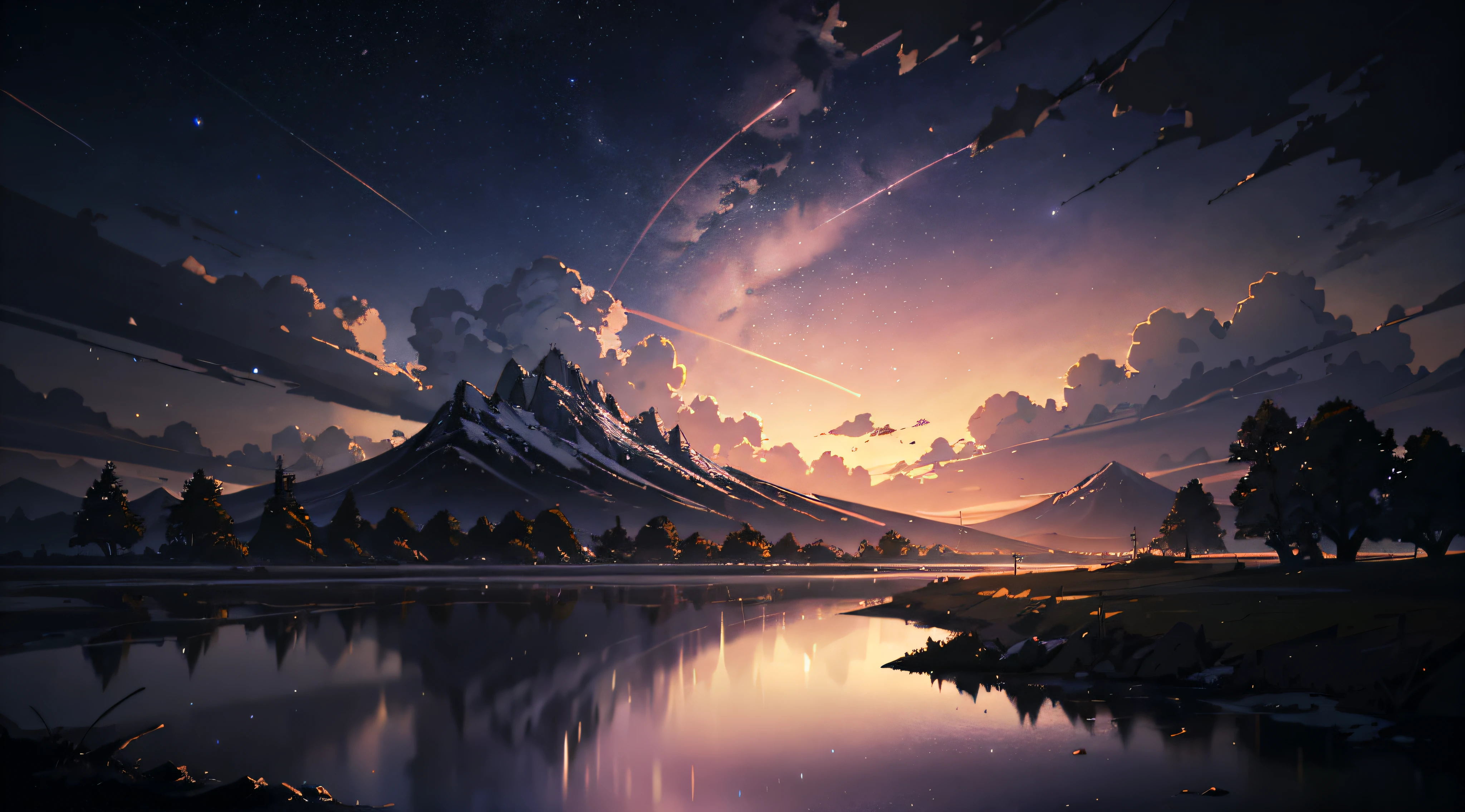 (((Makoto Shinkai style)),pixiv,anime drawing,high quality,pink purple sky,beautiful scene),(universe,train passing,magical realism,((makoto shinkai style)) ::0.8), [Artistic Atmosphere, Atmosphere:0.8, Starry Sky, Hills, Snow Mountain, Sparkling Water, Grass, Trees, Smoke, Stars, Low Angle of View, Specular Scattering,