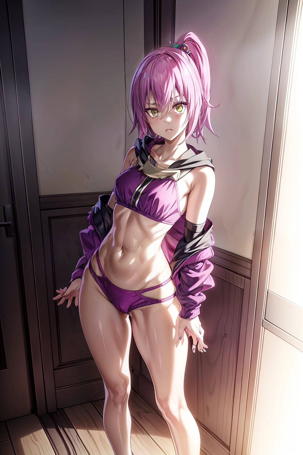 1 de um anime com cabelo roxo, no quarto, 1girl, soio, ((sadistic)), olhos amarelos, Purpose, cabelo rosa, olhando para mim, ((Censura)), ((Lastly)), wearing a short bikini , Rabo de cavalo do lado direito, (((pernas tonificadas))), coxas musculosas espessas, cintura fina, barriga musculosa, Hands on hips, barefoot, 8k, ultra realistic