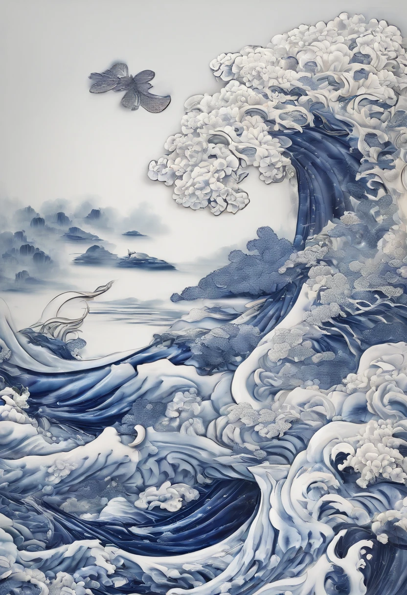 Blue and white porcelain,Ceramic material,Porcelain plate painting，Arowana，Kowloon wins，artwork of a,High detail,3D,Chiaroscuro, Cinematic lighting, god light, Cinematic lighting, hyper HD, High details, Best quality, A high resolution, Textured skin