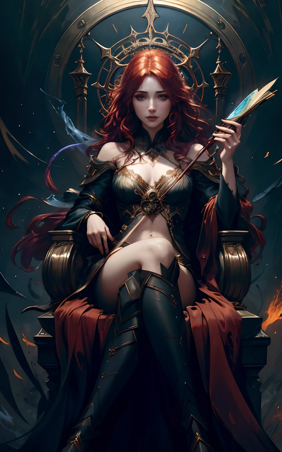 Emily Rudd is a vampire queen, redhead, sitting in a throne, pale skin, messy hair, Full body, Beautiful anime waifu style girl,hyperdetailed painting, luminism, art by Carne Griffiths and Wadim Kashin concept art, dark background, abstract beauty, approaching perfection, pure form, golden ratio, minimalistic, dark atmosphere, unfinished, concept art, by Brian Froud and Carne Griffiths and Wadim Kashin and John William Waterhouse, intricate details, 8k post production, high resolution, hyperdetailed, trending on artstation, sharp focus, studio photo, intricate details, highly detailed, by greg rutkowski