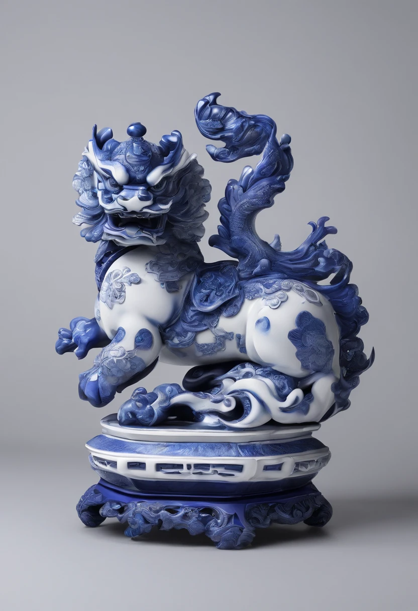 Blue and white porcelain,Ceramic material,Chinese Pixiu,Ornaments,Three-dimensional sculpture,artwork of a,High detail,3D,Chiaroscuro, Cinematic lighting, god light, Cinematic lighting, hyper HD, High details, Best quality, A high resolution, Textured skin