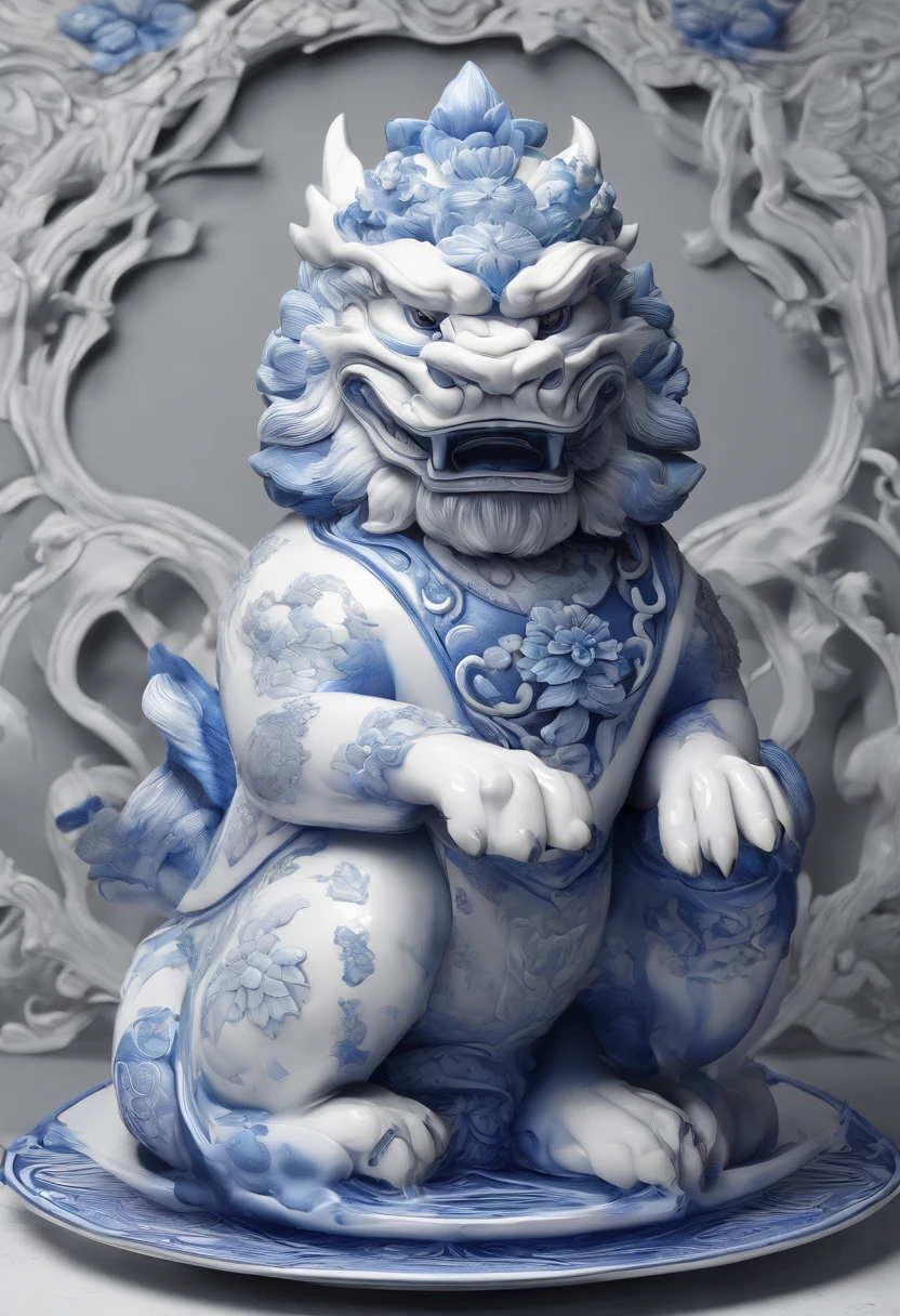 Blue and white porcelain,Ceramic material,Chinese Pixiu,Ornaments,Three-dimensional sculpture,artwork of a,High detail,3D,Chiaroscuro, Cinematic lighting, god light, Cinematic lighting, hyper HD, High details, Best quality, A high resolution, Textured skin