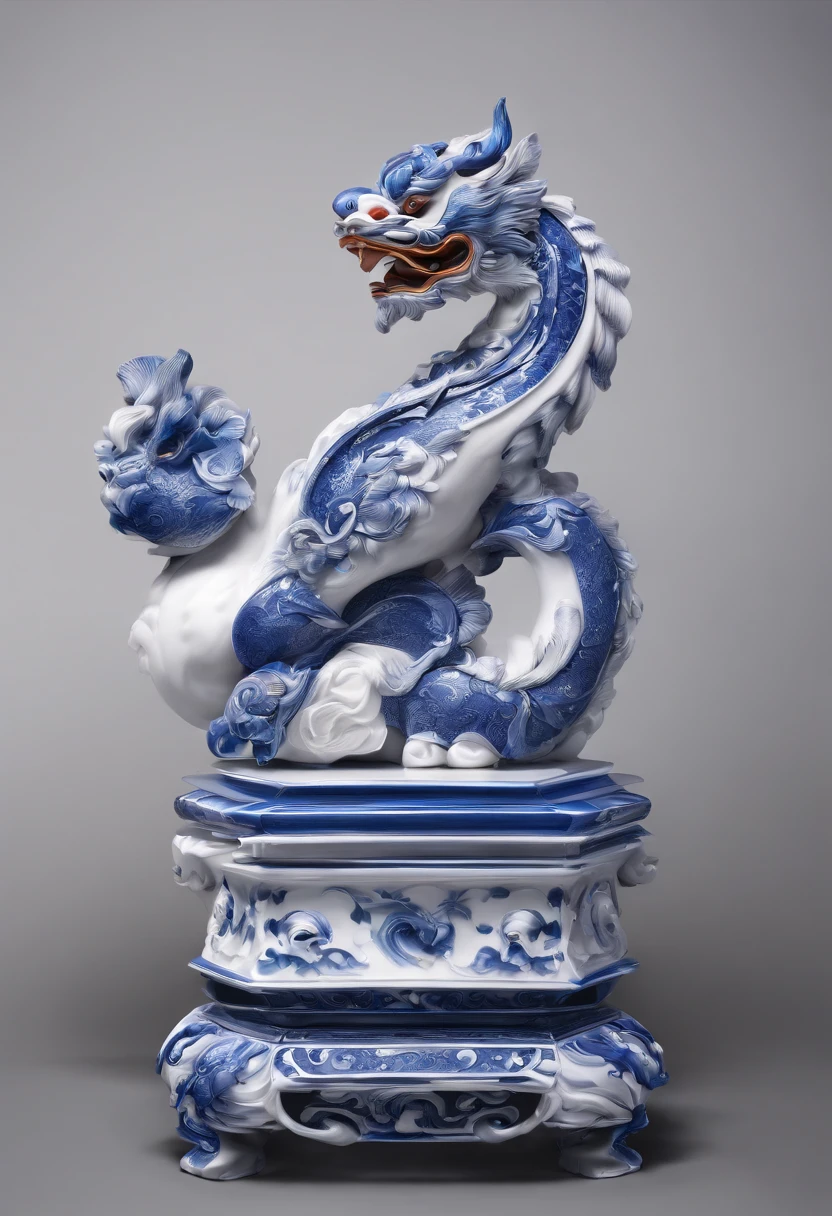 Blue and white porcelain,Ceramic material,Chinese Pixiu,Ornaments,Three-dimensional sculpture,artwork of a,High detail,3D,Chiaroscuro, Cinematic lighting, god light, Cinematic lighting, hyper HD, High details, Best quality, A high resolution, Textured skin