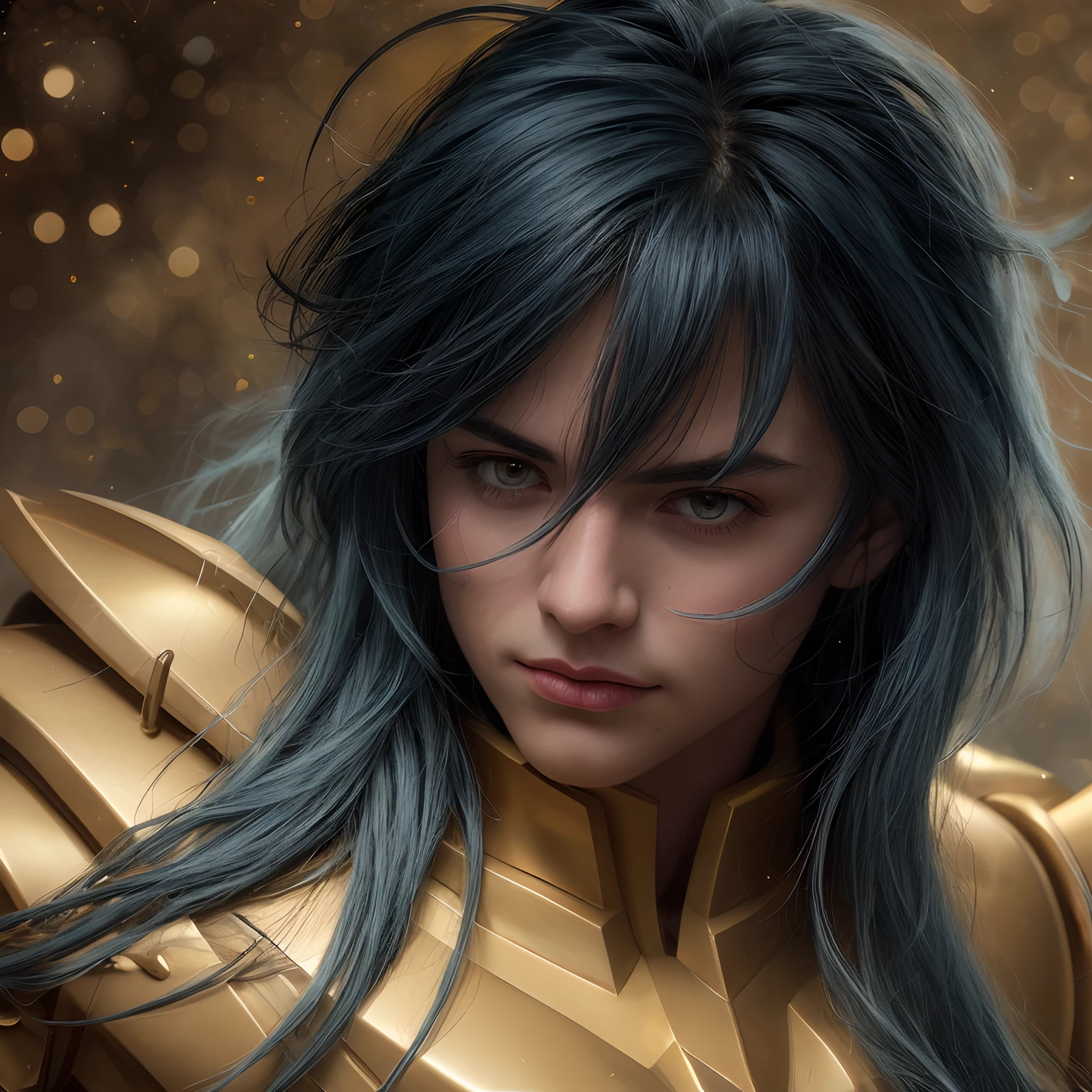 cinemactic, incrivelmente detalhado e ultrarrealista, Camus of Aquarrius Saint Seiya. Close up. He's wearing pretty realistic golden armor. Armadura dourada brilhante. ((Bright golden armor)). Armadura com brilho natural. Octane is the perfect tool to capture the softest details of this 16k photography masterpiece. He is a handsome white man about ((40 years)) old. 1 homen. ((French man)). beautiful face. Rosto detalhado. Nariz bonito. Nariz fino e alongado. (Olhos azuis muito grandes). olhos perfeitos. ((depilado)). Strong expression. He has long ((blue)) hair. messy hair with bangs. messy hair. Pelas de rosas flutuando em torno ele. Landscape starry sky.
