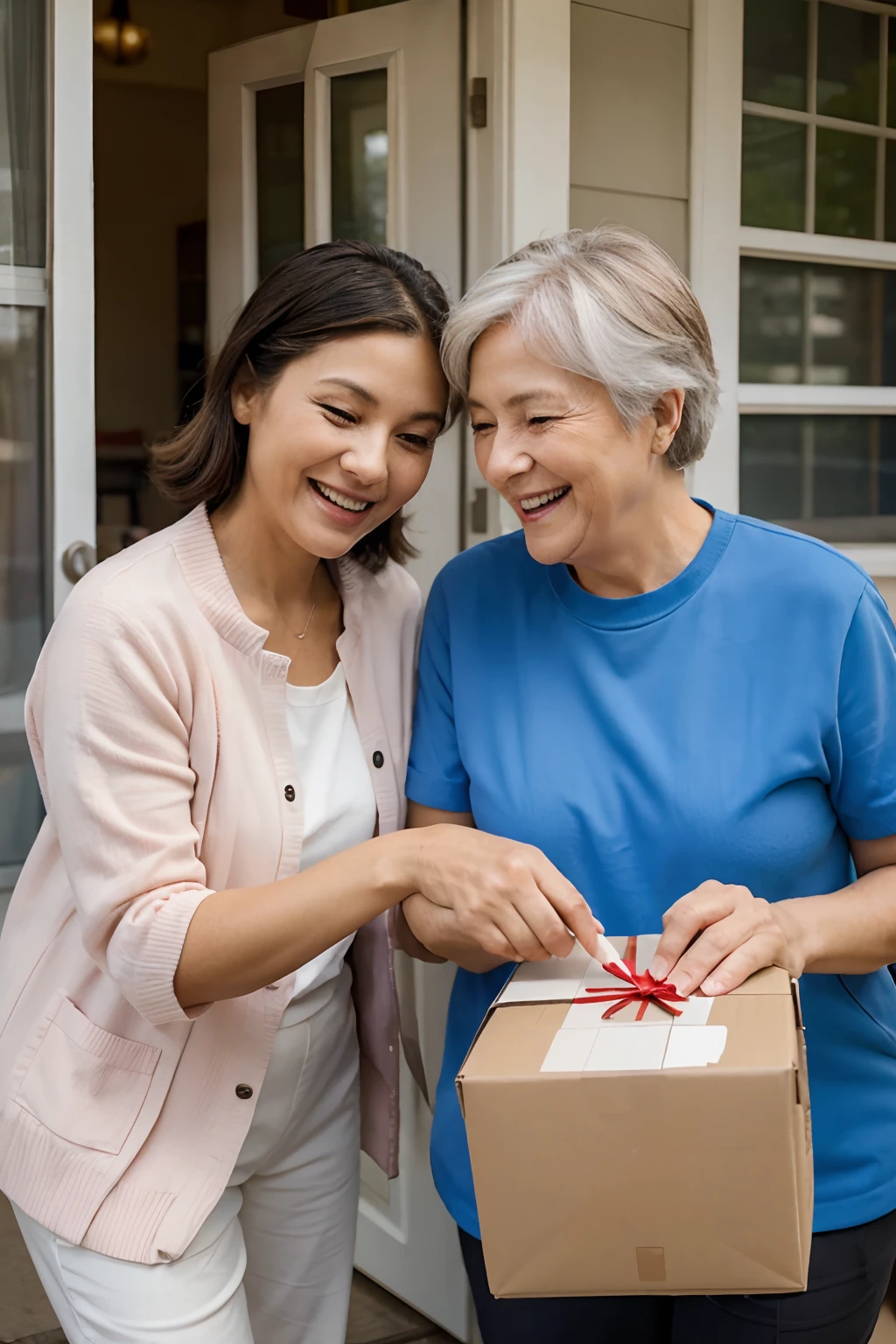 Create a heartwarming image of a senior citizen radiating joy as they receive a package of medicines from a kind-hearted delivery person.