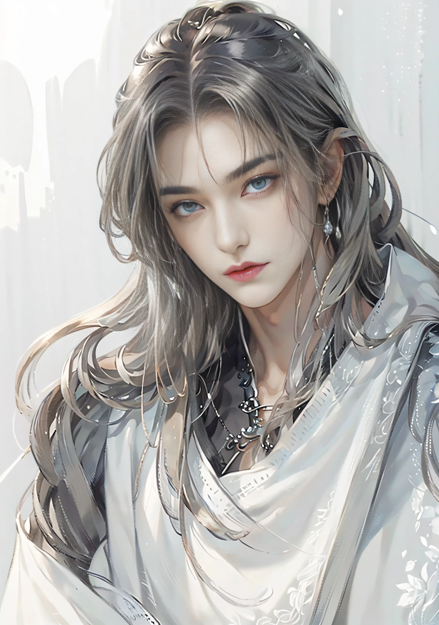 (extreamly delicate and beautiful:1.2), 8K, (tmasterpiece, best:1.0), , (LONG_silver_HAIR_MALE:1.5), Upper body body, a long_haired male, cool and seductive, evil_gaze, wears white hanfu, and intricate detailing, and intricate detailing, finely eye and detailed face, Perfect eyes, Equal eyes, Fantastic lights and shadows、white room background、 Uses backlight and rim light