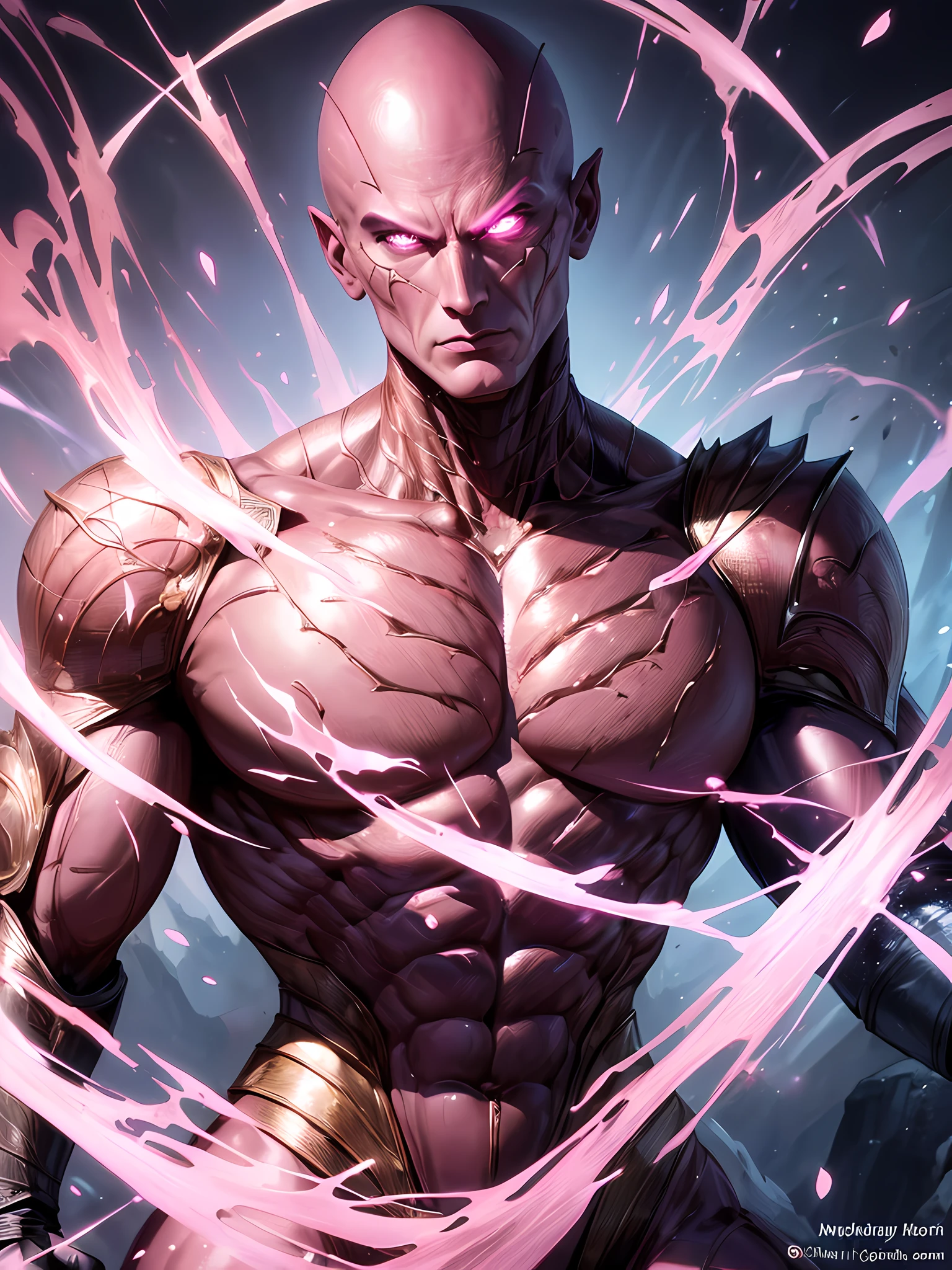 Top quality, Photorealistic, 8K, High Definition, Unity 8K wallpaper, high res, ultra sharp, masterpiece, ((masterpiece)), best quality, expressive eyes, perfect face, detailed face, detailed eyes, masterpiece, highly detailed exquisite character art, epic fantasy digital art style, detailed digital 3D fantasy art, ultra-realistic, detailed body, detailed pecs, mid-shot, ((tall muscular man male humanoid)), bald, humanoid pink skin, humanoid pink skin tone, pink hue, powerful humanoid appearance, metallic scales, scales. metallic, intimidating face, strong jaw, high cheekbones, pecs, villain pose, in the town, petals, ((male muscular pink humanoid insect))