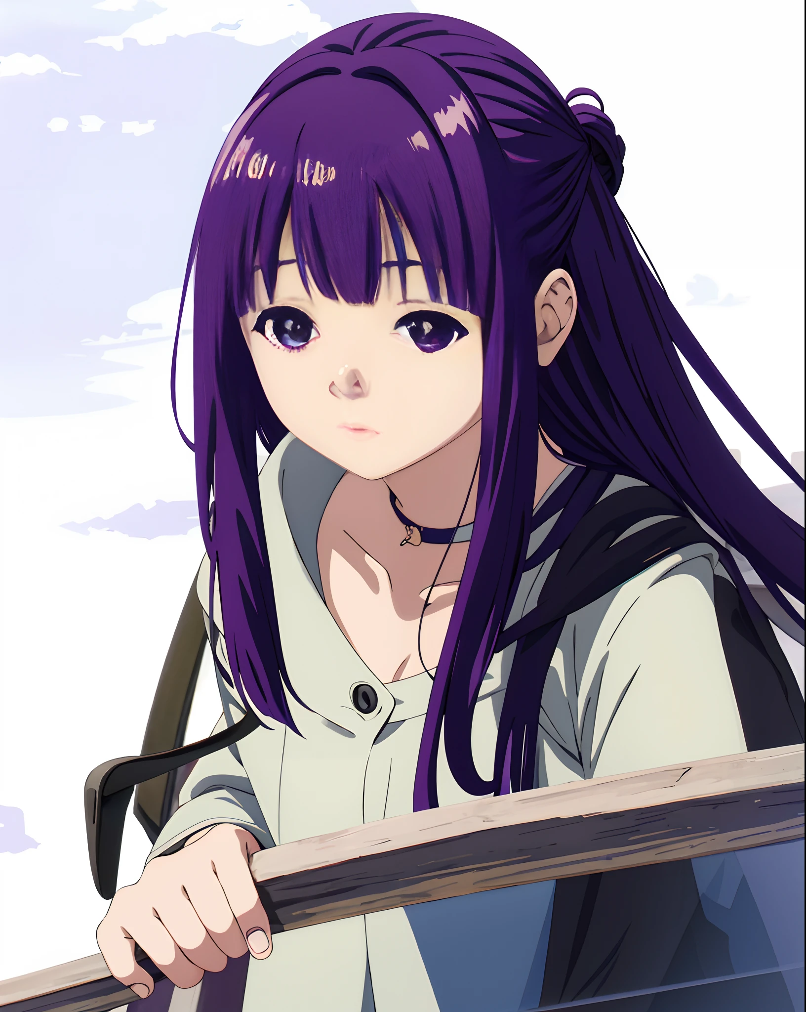 anime girl with purple hair pointing at the camera, mai yoneyama, misato katsuragi, marin kitagawa fanart, hinata hyuga, with index finger, anime moe artstyle, anime portrait of shiina ringo, anime visual of a cute girl, official character art, yuuki hagure, official anime still, anime visual of a young woman