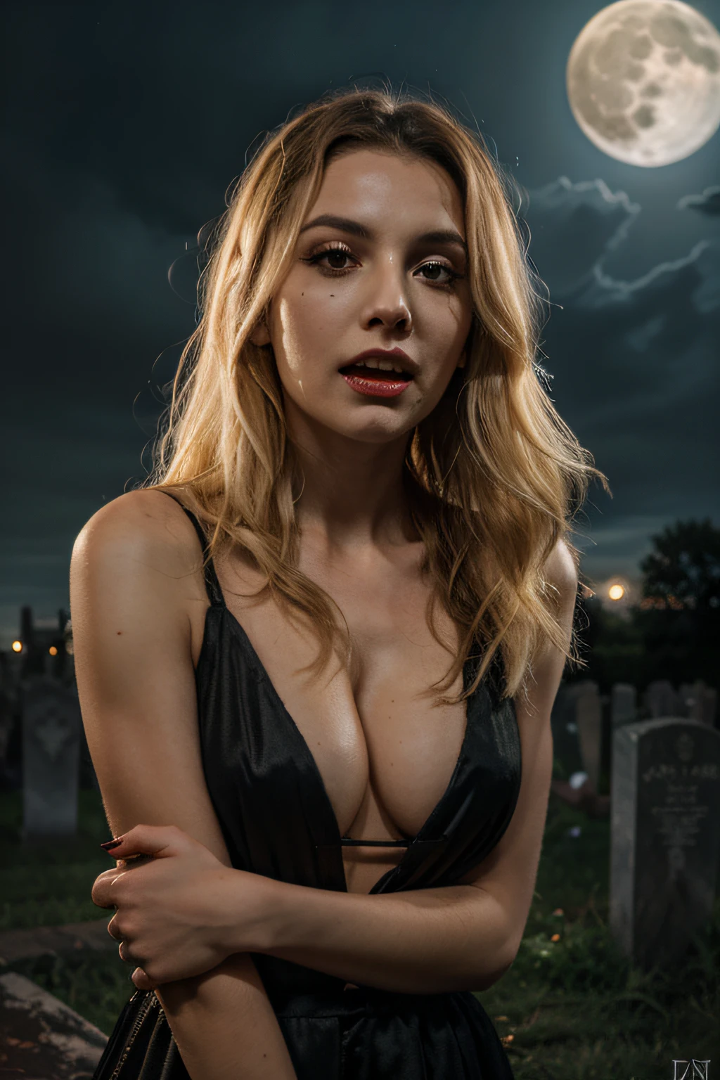 female vampire with blonde hair with sharp fangs with blood in a graveyard at night with full moon in sky , super realistic