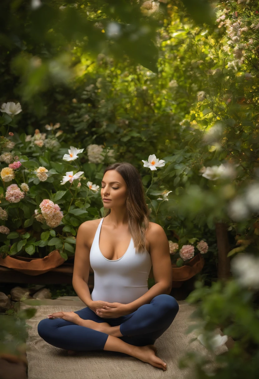 (best quality, highres, realistic:1.37), vibrant colors, natural lighting, yoga, athletic, fit body, serene atmosphere, peaceful garden, tranquil setting, beautiful flowers, fresh air, relaxing, graceful pose, greenery, calm vibes, big boobs, braid, Brown Hair, naughty, oiled Body, visible pussy and nipples