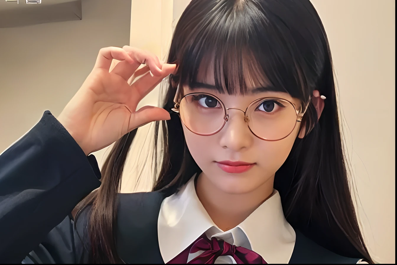 ulzzang -6500-v1.1, (Raw photo:1.2), (Photorealistic:1.4), Beautiful detailed girl, Very detailed eyes and face, Beautiful detailed eyes, Ridiculous, Incredibly ridiculous, Huge file size, High resolution, Very detailed, Best Quality, masutepiece, Kemomimi, (((JK school uniform)), Illustration, Very detailed, nffsw, unified, 8K Wallpaper, amazing, Fine details, masutepiece, Best Quality, Highly detailed ticker uniform 8K wallpaper, Light on Face, Cinematic lighting, 1girl in, , ((No bra)), ()), ((Dynamic Pose)), (Camel toe), (half), 校服、Young Face、Young look、Lori、a beauty girl、Lolita、hi-school girl、eye glass、Glasses Girl、Glasses Pose、The whole picture