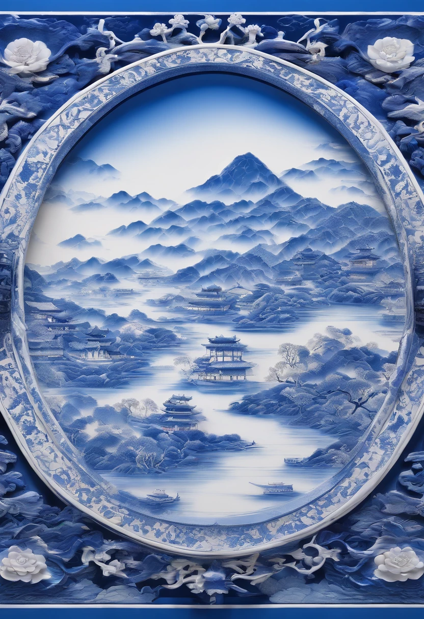Blue and white porcelain,Qingming upper river map,anaglyph,artwork of a,High detail,3D,Chiaroscuro, Cinematic lighting, god light, Cinematic lighting, hyper HD, High details, Best quality, A high resolution, Textured skin