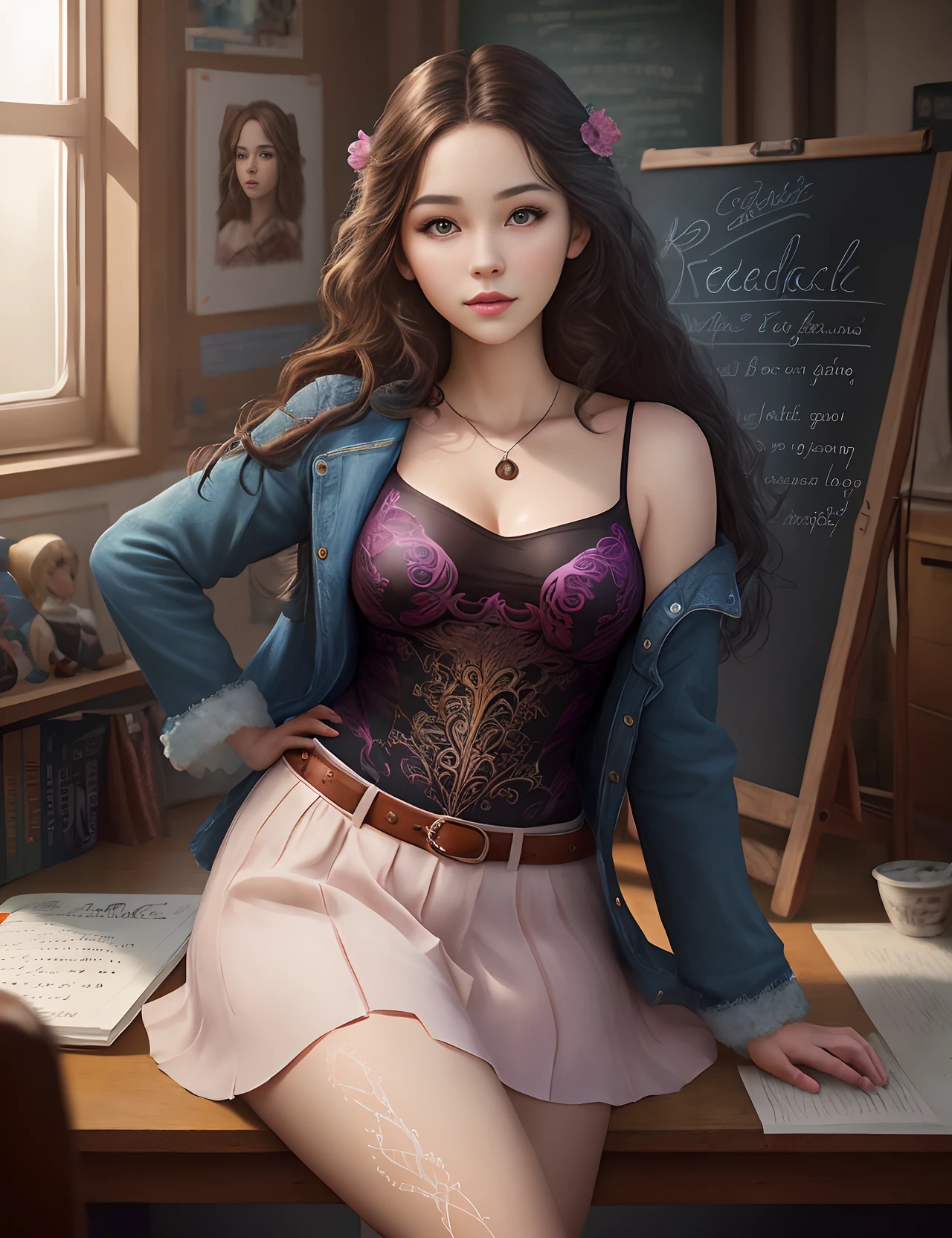 a cute girl, sexy. , hyperrealistic fantasy art, super realistic photo, highschool background, fasion mode, hybrid art styles, intricate writing, average redditor, realistic studio photo, looking smart, scholar, photoshop art,
