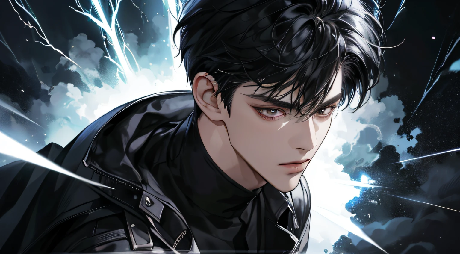 close up on a young man with medium black hair in modern clothes with a black background with lights and thunder, 8K manhwa, epic anime style, bright aura, power surrounding the character