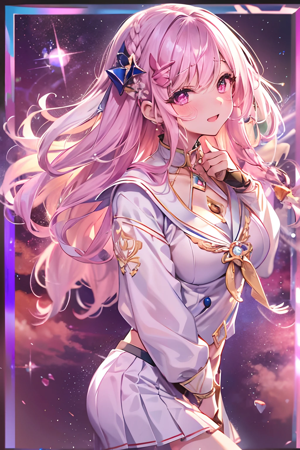 (((tmasterpiece)))、(((top-quality)))、((ultra - detailed))、(illustratio)、((Extremely Delicately Beautiful))、Bright smile、Floating、A pink-haired、(Detailed light) (1girl in)、独奏、long whitr hair、The wind is blowing、A WORLD、（adorable eyes）、Realistic, ultra - detailed, (Shiny skin, full of sweat:1.4), view the viewer, Slender, Solo, Miniskirt, Long hair, Pink hair, Pink eyes, (Thick thighs:0.5), Dynamic lighting, high resolution, Sharp focus, depth of fields, Medium breasts, masutepiece, Best quality, Ultra-detailed, illustration, Ultra-detailed face, best quality face, Adult,, 18 years old, Adult, intricate outfits, Sexy pose, Sparkling pink sailor suit, Cute, kawaii,, finely quality eyes, Blushing, Red cheeks, Realistic, Glowing eyes, fluffy sweater, Skirt, parted lip, Blush, Night, Cute, , finely quality eyes, Embarrassed expression, Long_Hair, Blushing, Moon, Star_\(skyporn\), starrysky_skyporn, full_Moon, Photorealistic, Asian, woman, mix4
