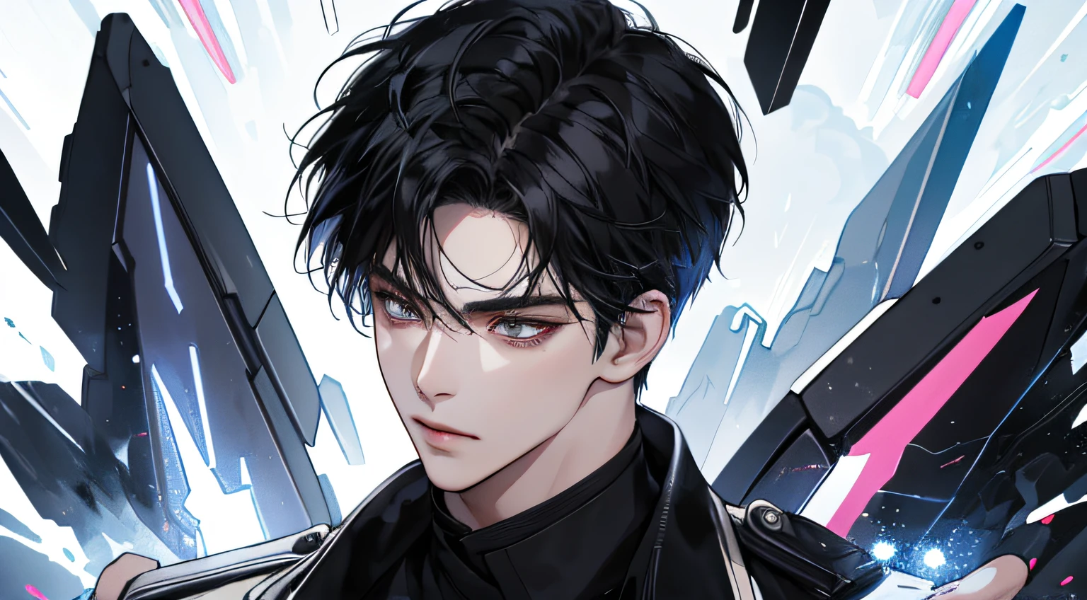 close up on a young man with medium black hair in modern clothes with a black background with lights and thunder, 8K manhwa, epic anime style, bright aura, power surrounding the character