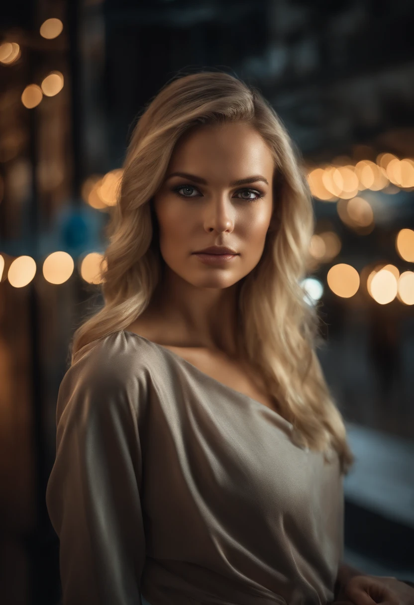Gorgeous woman with extra long, gewellten blonden Haaren, detaillierte, seductive eyes, Sexy Look ,langen sexy Beinen, wears a miniskirt, T-Shirt, ((detailed facial features)), (fein detaillierte Haut), blasse haut, realistische Hauttextur, extreme Hautdetails, (Poren: 0,1), in the background beautiful futuristic cyberpunk city, Masterpiece of the best quality, fotorealistisch, hyperrealistisch, detailliert, 8K, HDR, (Weiche Farbe: 1,2), light depth of field, Breites Licht, Hoher Kontrast, Hintergrundbeleuchtung, bloom, Lichtfunkeln, chromatische Aberration, scharfer Fokus, RAW-Farbfoto