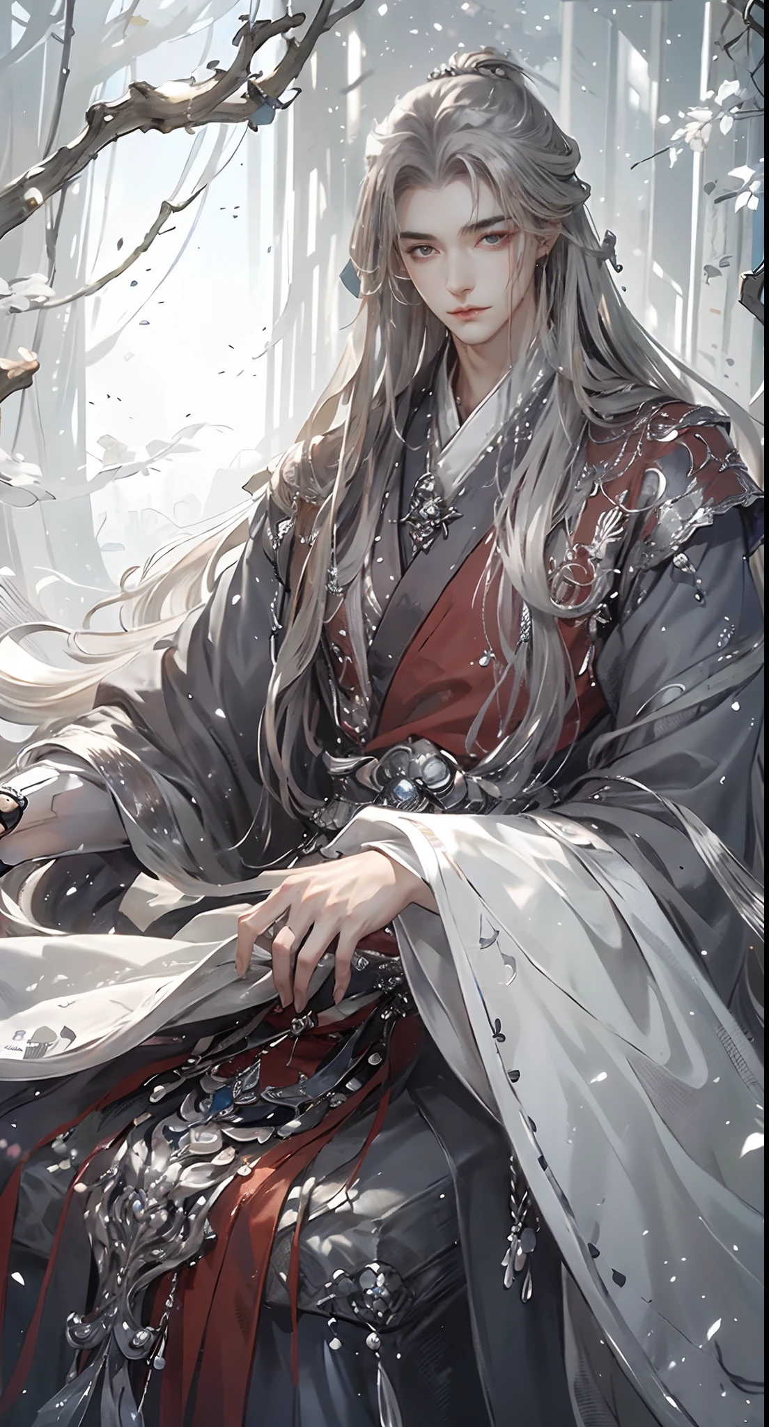 (extreamly delicate and beautiful:1.2), 8K, (tmasterpiece, best:1.0), , (LONG_silver_HAIR_MALE:1.5), Upper body body, a long_haired male, cool and seductive, evil_gaze, wears white hanfu, and intricate detailing, and intricate detailing, finely eye and detailed face, Perfect eyes, Equal eyes, Fantastic lights and shadows、white room background、 Uses backlight and rim light