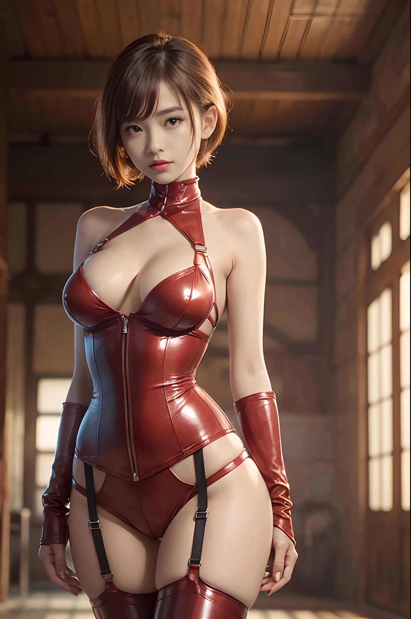 Japan girl solo posing in bright red coblue metallic russet,small but shapely bust,,slim body and constricted waist,,,,,,,,, (((Absolute full-length images,front-facing view)and rear view)),In a bright red leather corset, honey birdette, Blue Metallic Leather Bra&pantiy, vests and corsets, Leather clothing, elegant corset, Leather Lingerie, Medium, Blue metallic leather clothes and long leather boots, Wearing a corsect, Bright red leather clothes, seductive camisole, Lingerie with strap,nippless,short hair of dark chestnut color,,,,,,,,,Inside an old stone Western-style building
