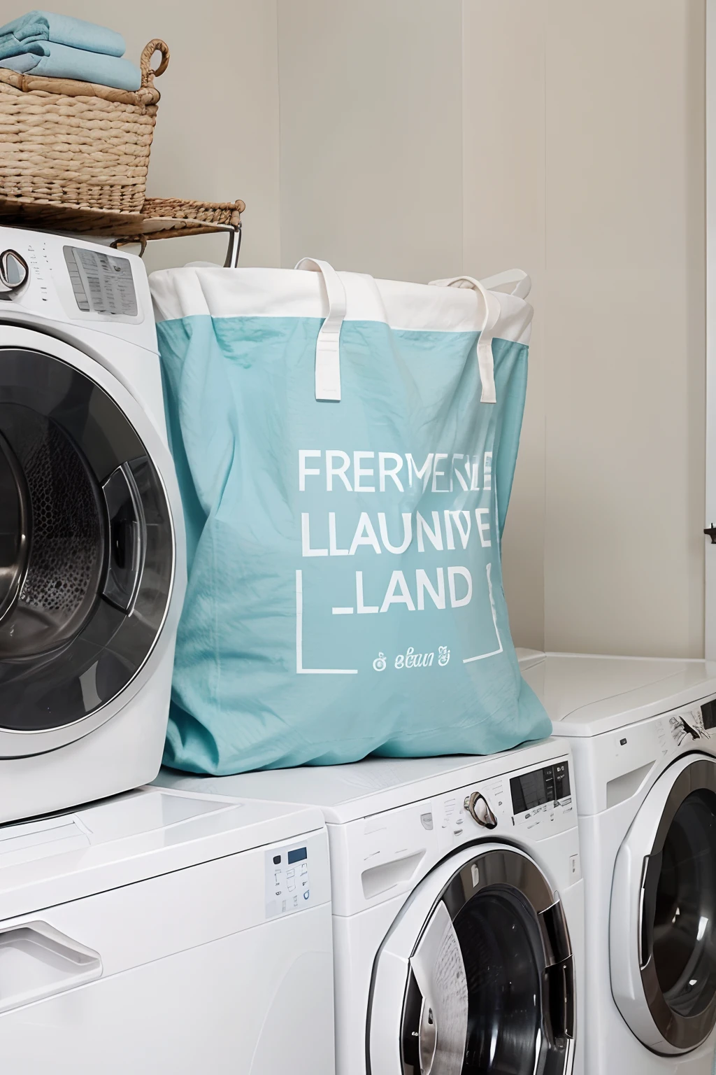 "Imagine a visually striking image that showcases the convenience and freshness of at-home laundry. Create a captivating scene featuring a stylish laundry bag filled with impeccably clean and neatly ironed clothes. Accompany the image with a bold slogan that reads 'Fresh, clean clothes without leaving home.' Be sure to highlight the comfort and ease of this modern laundry solution!"