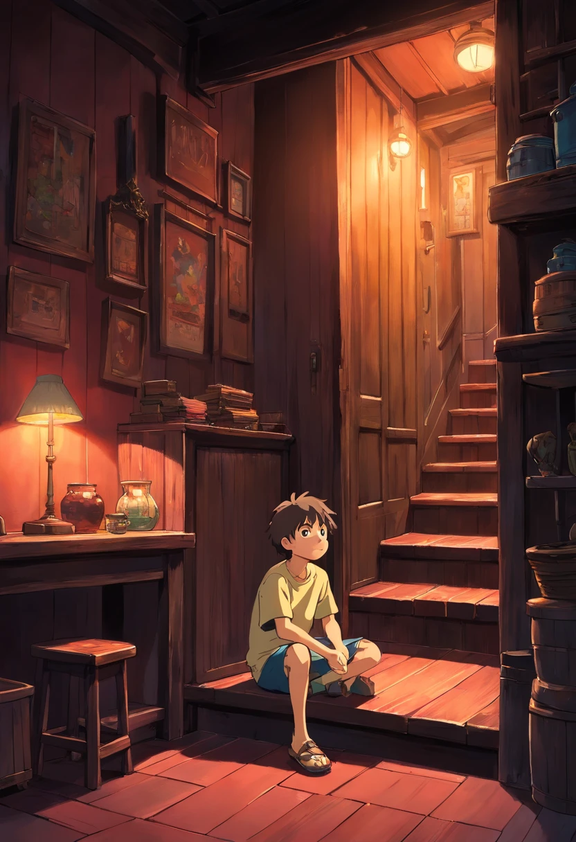 A boy siting in a dark house in the corner, deppresing and dark