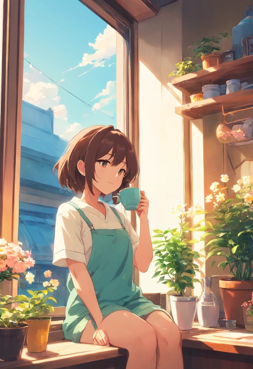 masutepiece,Best Quality,masutepiece,Best Quality,Official art,the Extremely Detailed CG Unity 8K Wallpapers,Slight retro color,riso print style,Illustration,Cute,1girl in,Flowers,Window,flower pots,drinking a cup of coffee,.