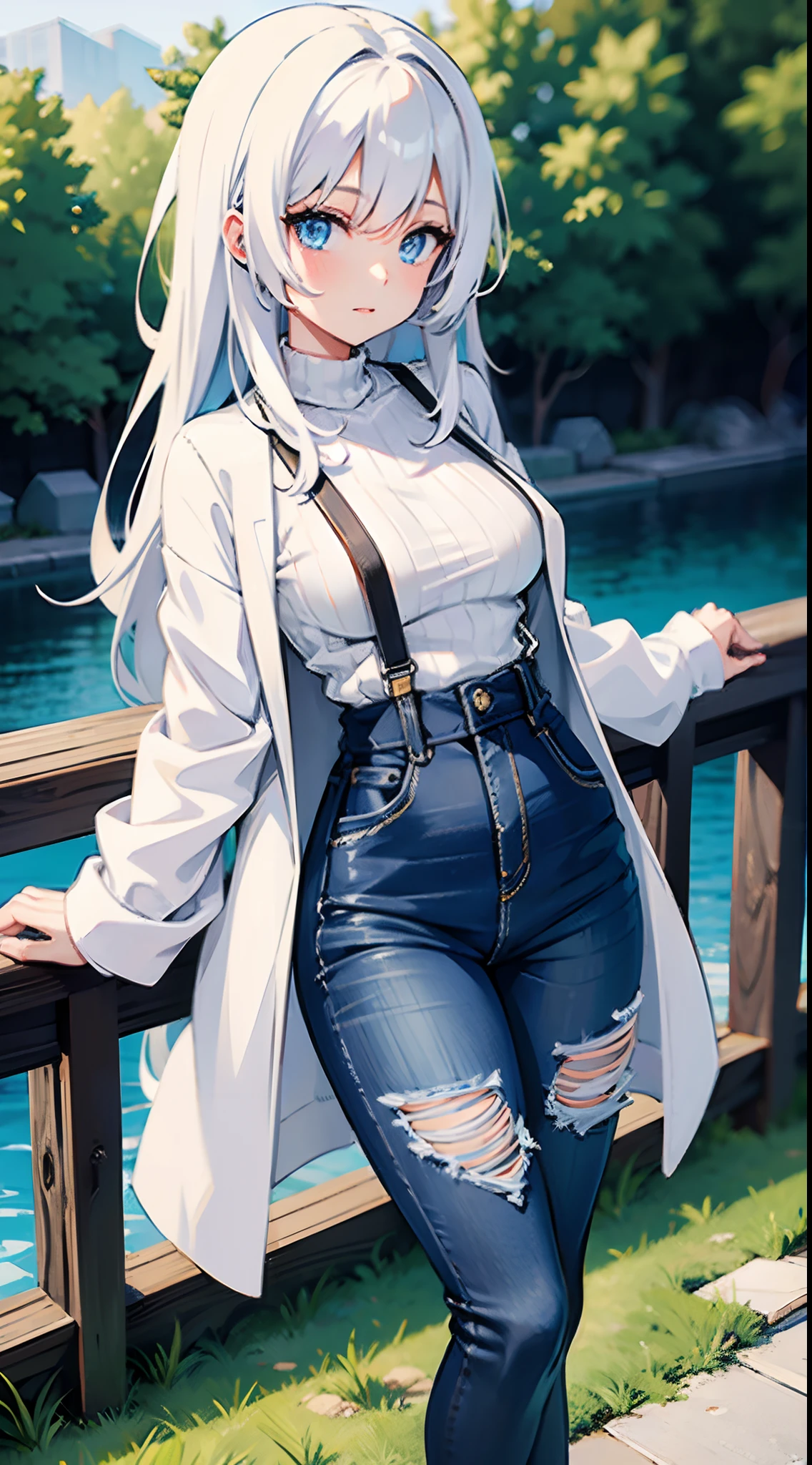 White gradient hair、Long、1 girl in、cardigan、high-waisted jeans